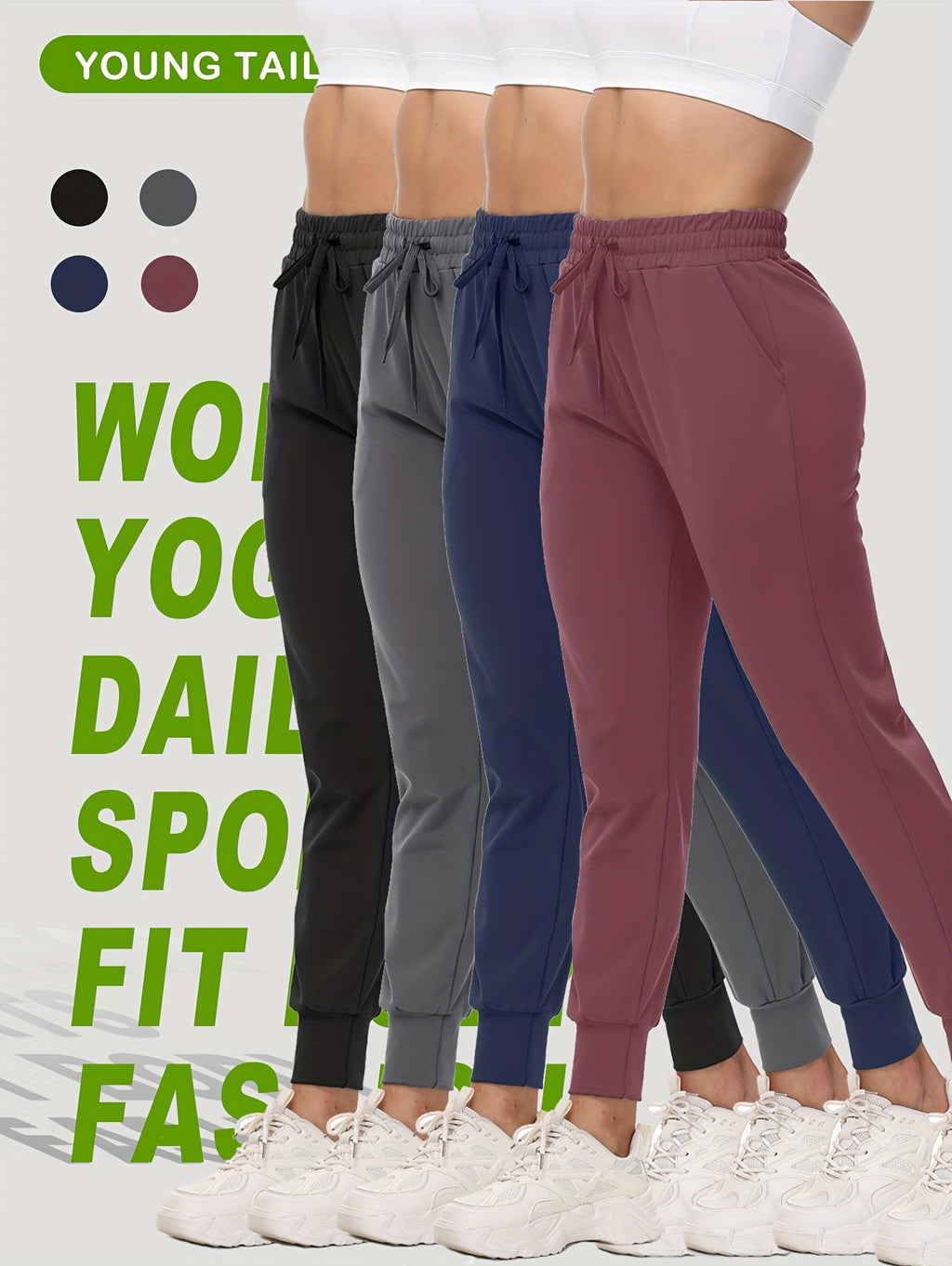 4 Piece Jogger Sweatpants Set Women Drawstring Waist Pockets Soft Lightweight Solid Color Lounge Travel Casual Year Round Regular Fit