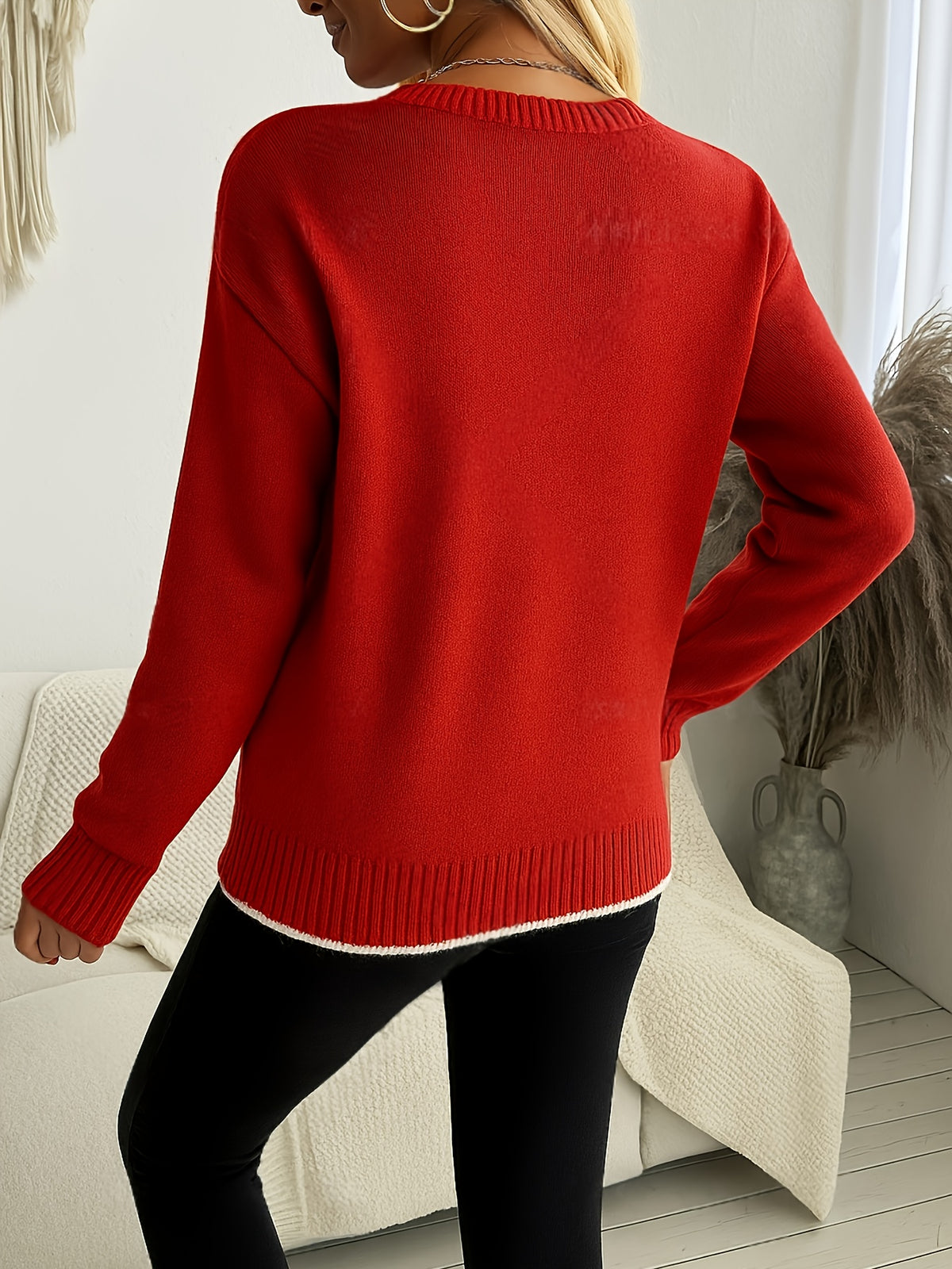 Women Snowflake Print Christmas Sweater Long Sleeve Contrast Trim Holiday Knit Pullover Festive Winter Top for Christmas Parties Ugly Sweater Season