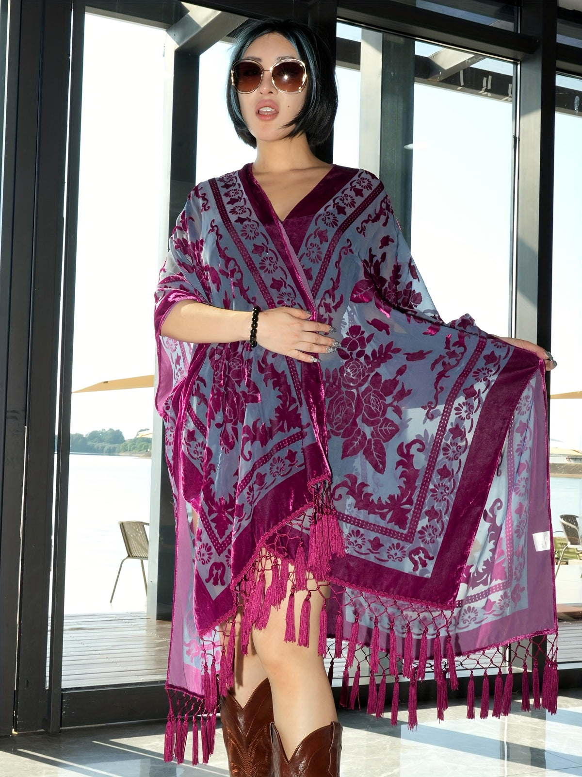 Boho Burnout Velvet Kimono Women Long Cardigan Cover Up Tassel Floral Embroidered One Size