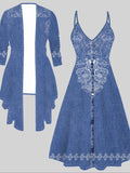 2 Piece Set Women 3D Totem Print Long Sleeve Coat + Halter Dress Boho Casual Timeless All Season Fashion Outfit S-XXL
