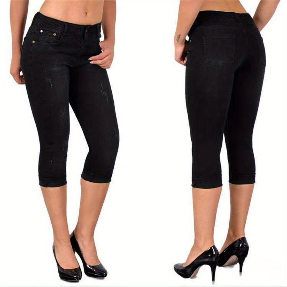 Stretch Skinny Capri Jeans Women Elastic Waist Cropped Denim Pants Street Style Summer Black Light Blue Dark Blue S M L XL XXL
