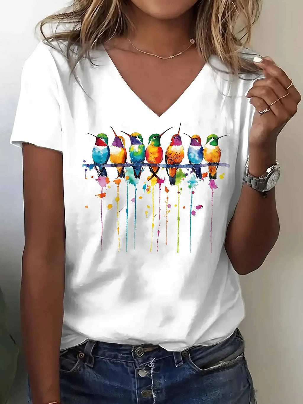 Hummingbird Print T-Shirt Women V-Neck Short Sleeve Colorful Graphic Tee White 180gsm Polyester Casual Everyday All Season Top Gift S-XXL