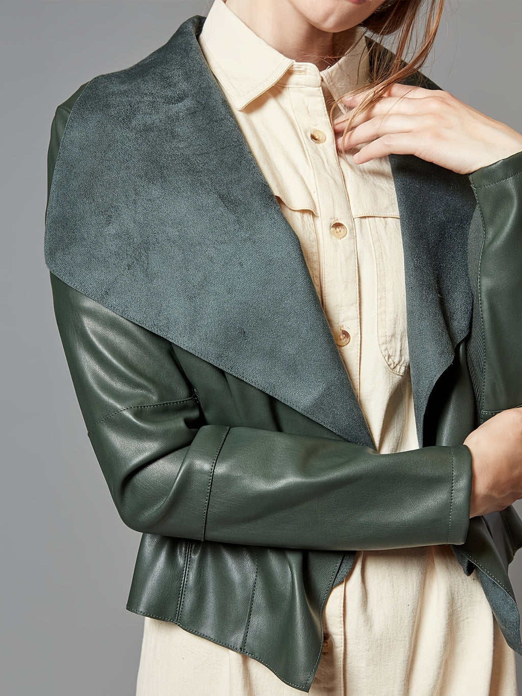 Slim Fit Faux Leather Blazer Women Open Front Lapel Jacket Coat Light Blue Chocolate Khaki Black Olive Green S-XL