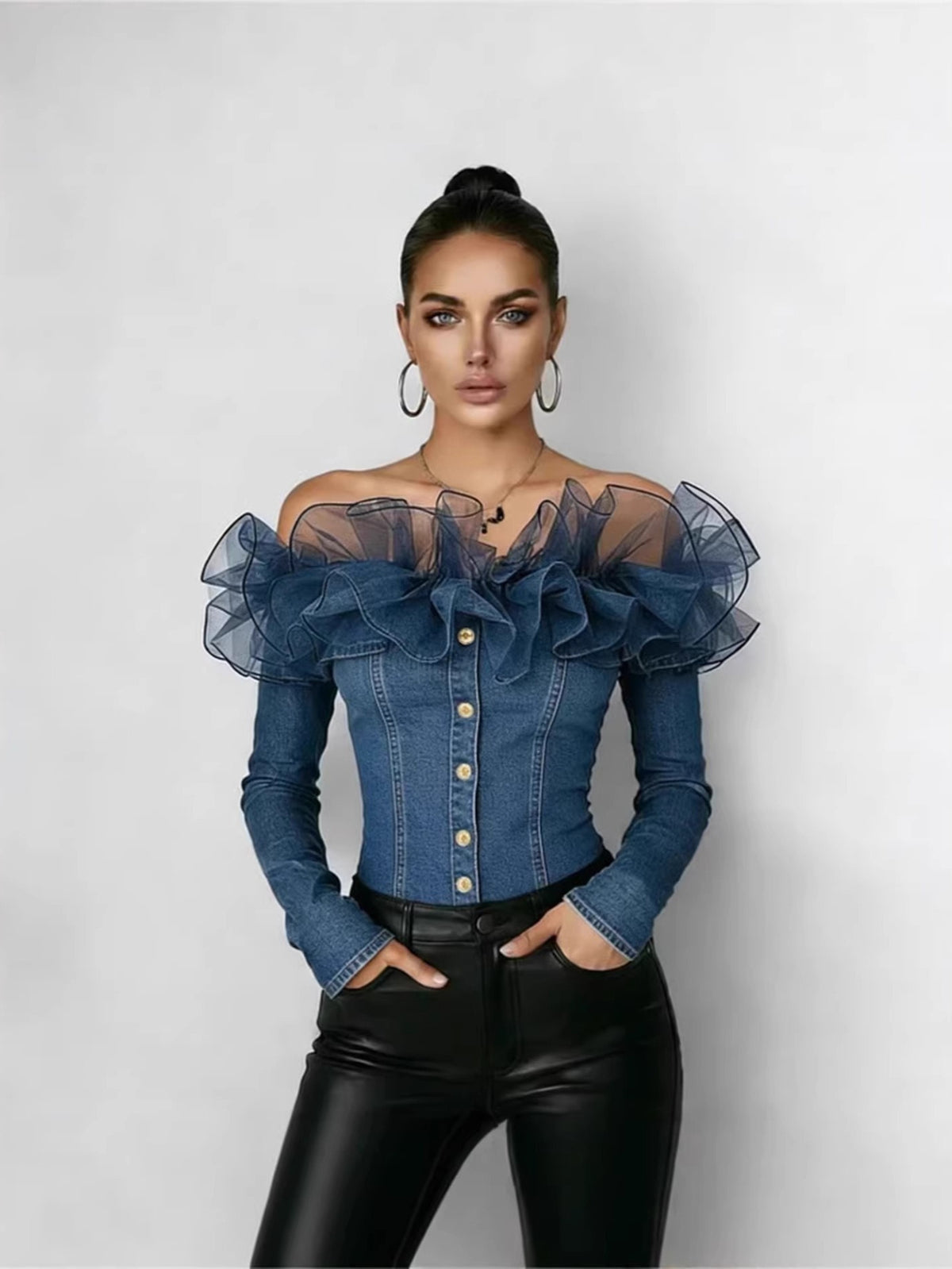 Off Shoulder Denim Top Women Navy Blue Ruffle Long Sleeve Button Closure S-XXL