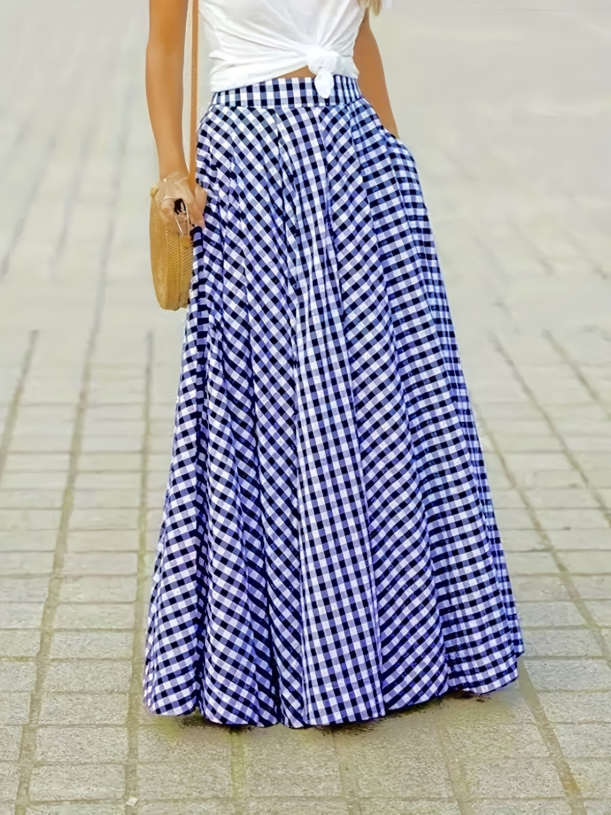 Plaid High Waist A-Line Midi Skirt for Women Checkered Woven Opaque Flowing Mid Length Skirt Spring Fall Casual Streetwear Blue White Black White S-XXL
