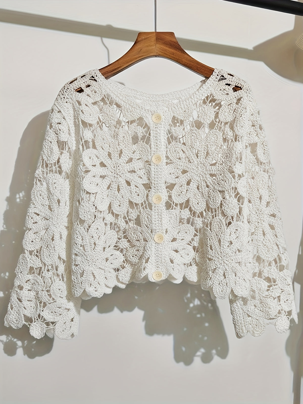Women Boho Crochet Cardigan Jacquard Hollow Embroidered Open Front Knit Top Bohemian Beach Cover Up Summer Spring Casual Layering Blouse