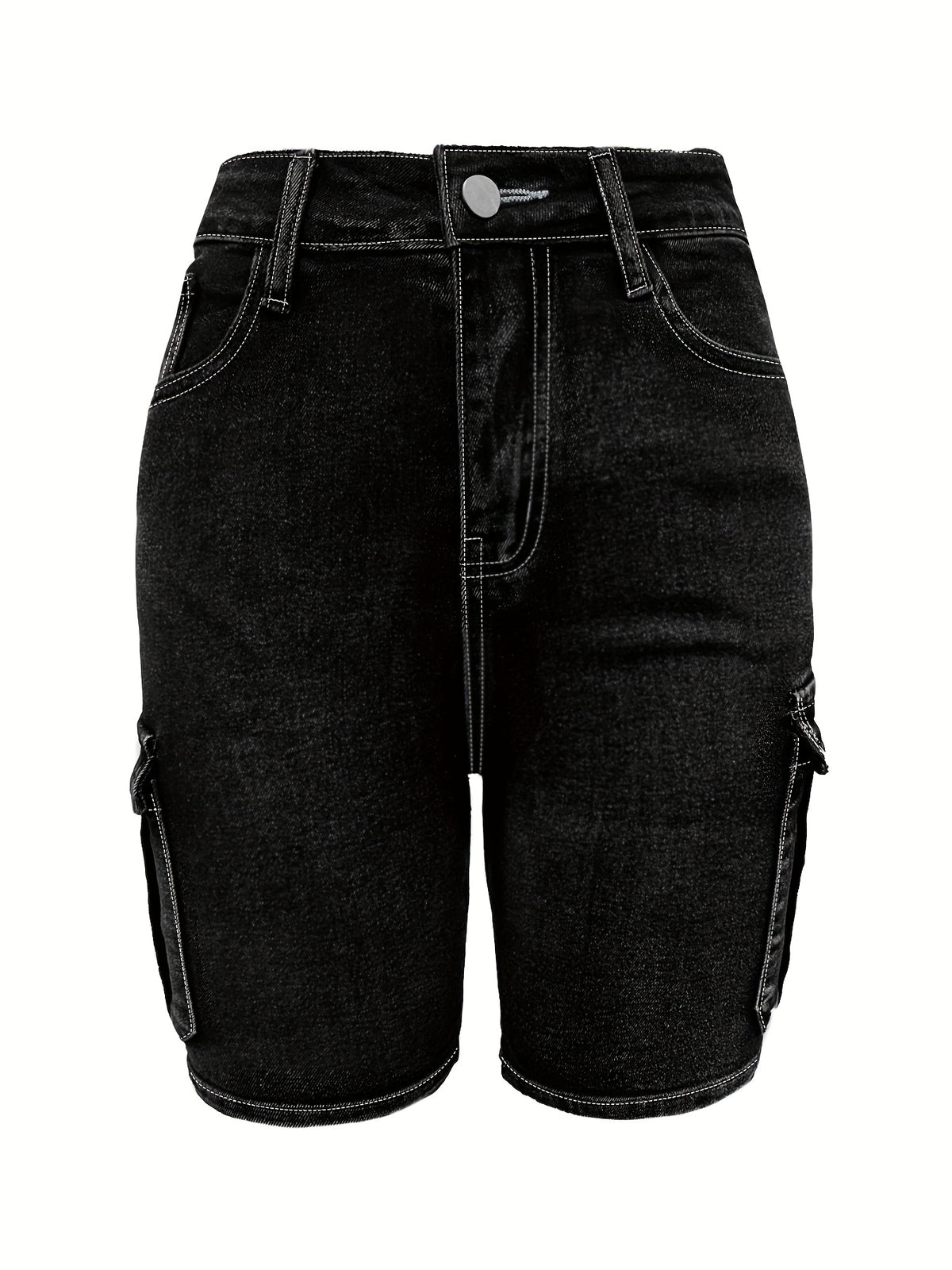High Waisted Cropped Denim Shorts Women Black Stretchy Multi Pocket Mid Length Street Fashion Summer Travel Jean Shorts Button Closure Machine Washable S-XXL