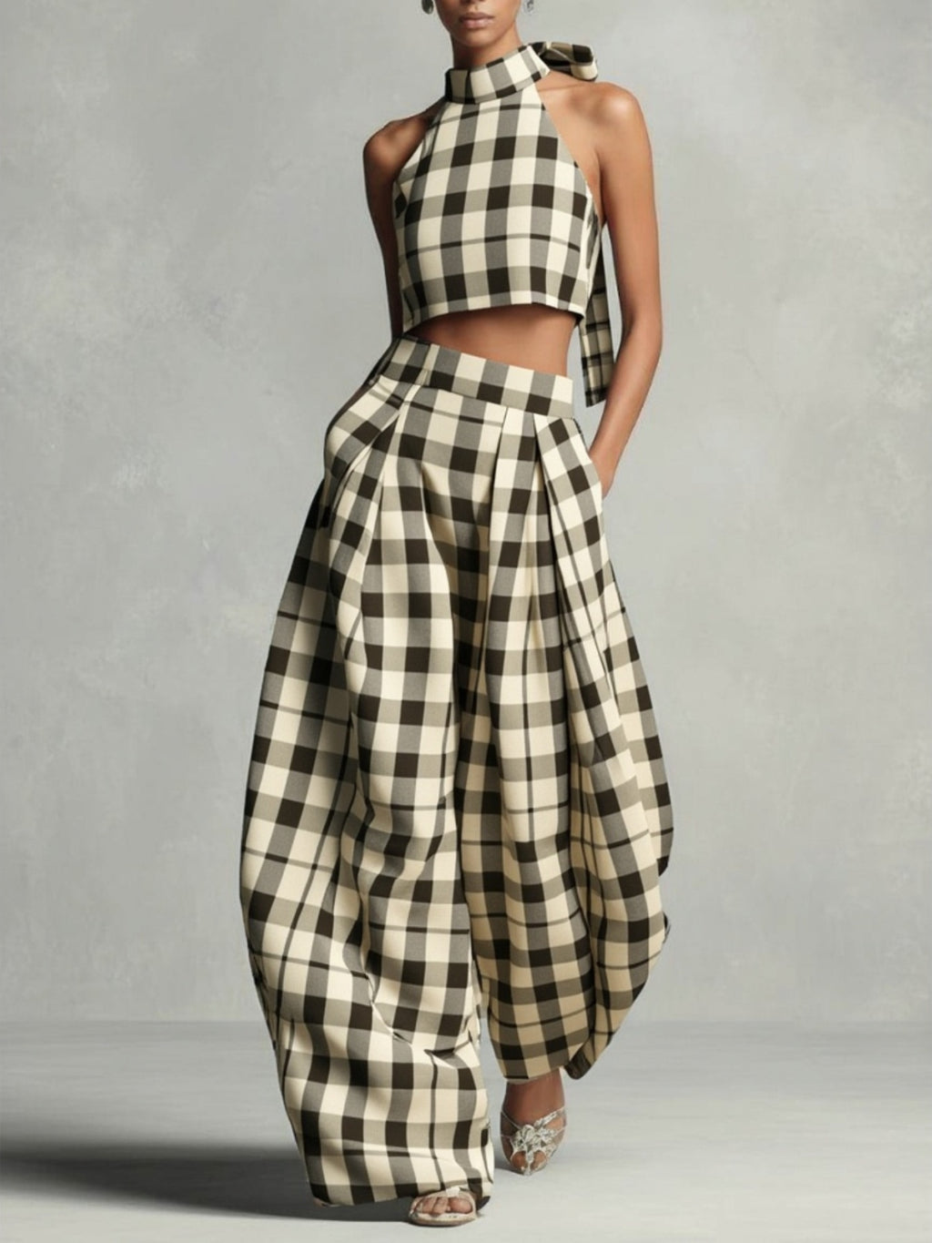 Plaid Halter Crop Top Wide-Leg Lantern Pants 2pcs Set Women Retro Elegant Date Dinner Party Chic Outfit Black White Blue Spring Summer S-XXL