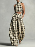 Plaid Halter Crop Top Wide-Leg Lantern Pants 2pcs Set Women Retro Elegant Date Dinner Party Chic Outfit Black White Blue Spring Summer S-XXL