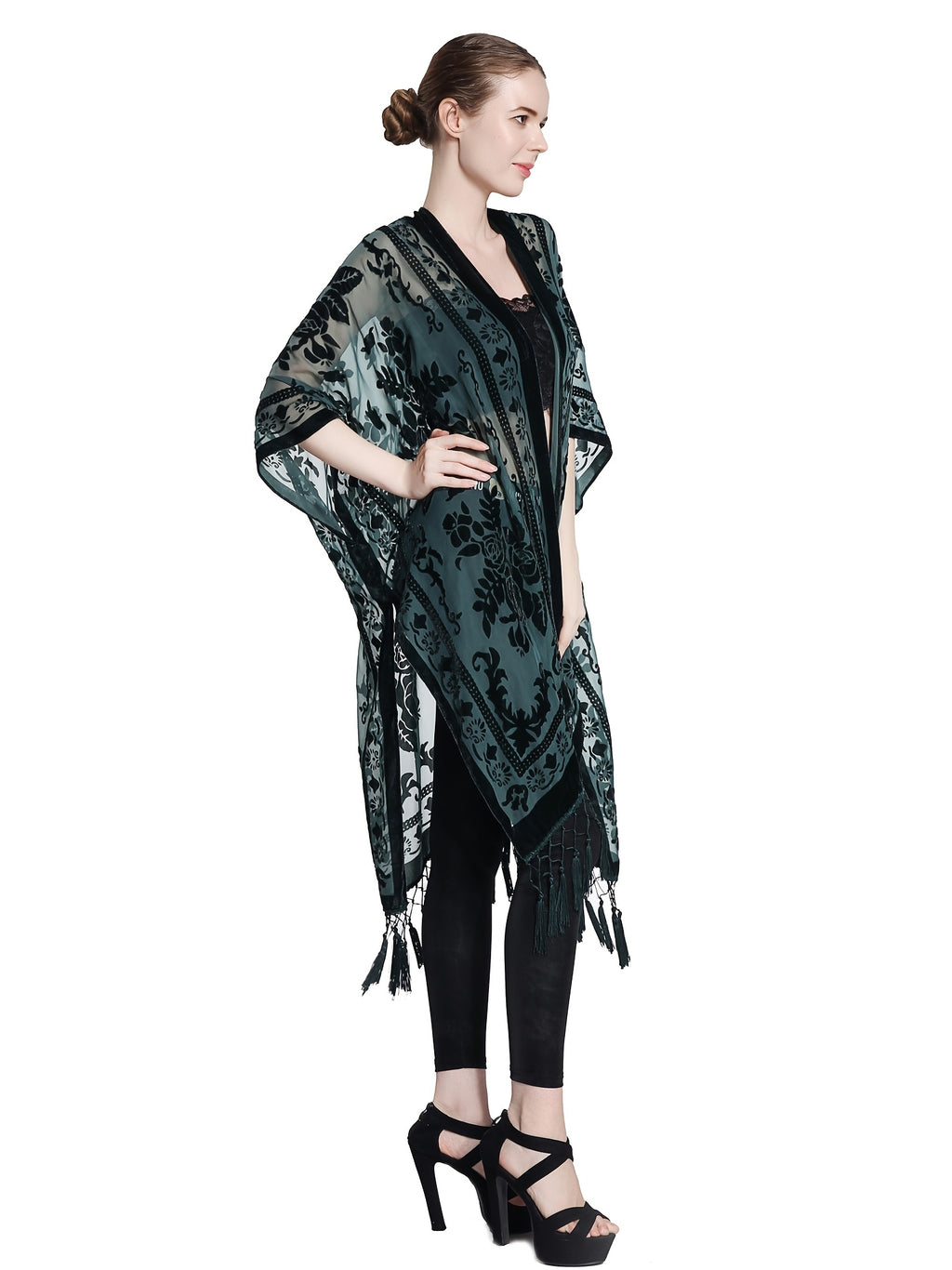 Boho Burnout Velvet Kimono Women Long Cardigan Cover Up Tassel Floral Embroidered One Size