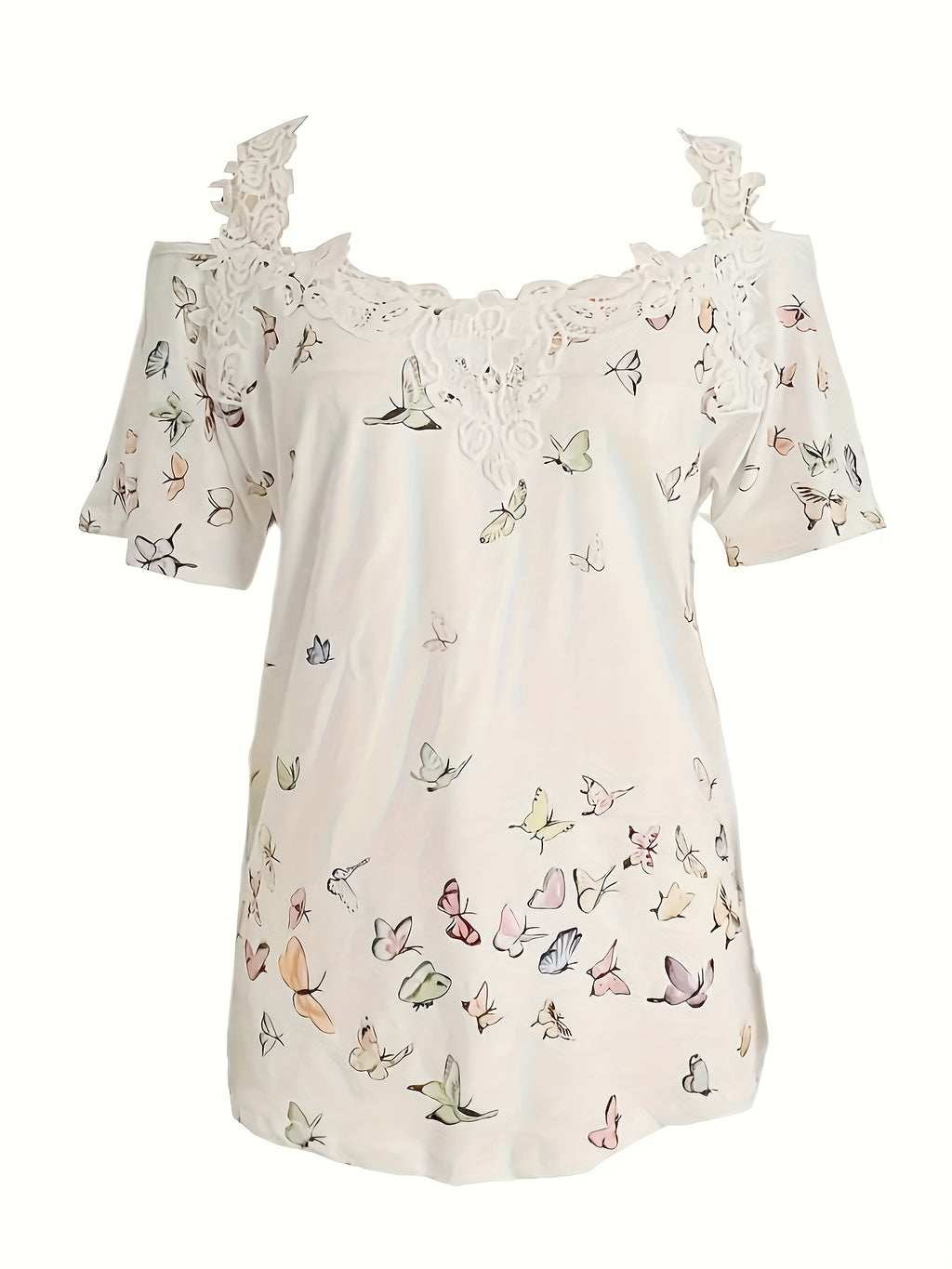Butterfly Print Off Shoulder Top Women V-Neck Short Sleeve Casual White Blouse S-XXL