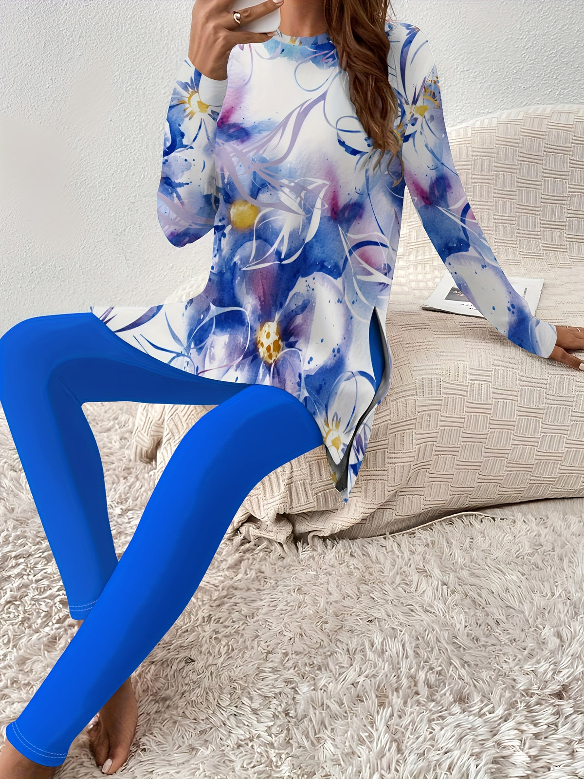 Round Neck Long Sleeve Blouse and Printed Trousers Set Women 2pcs Stylish Side Slit Fall Winter Suit S-XL