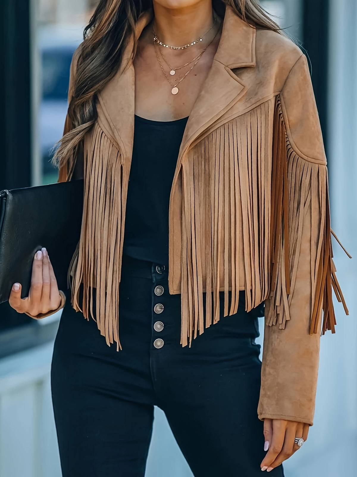 Tassel Fringe Cropped Jacket Women Western Cowgirl Motorcycle Coat Fall Winter Cardigan