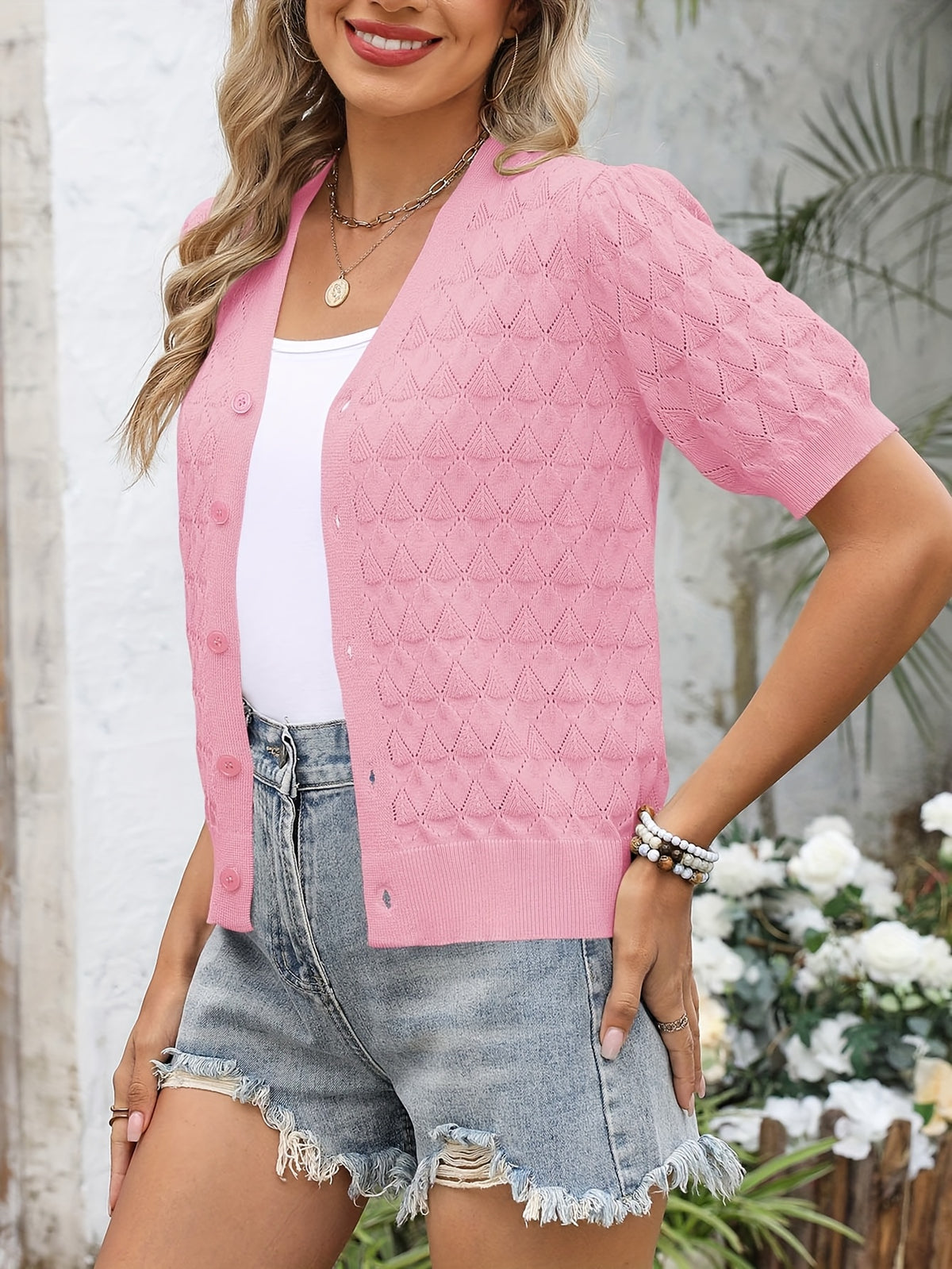 Women's Cropped Crochet Cardigan Puff Sleeve Linen Blend Sheer Lace Knit Short Top Breathable Lightweight Spring Summer Boho Fashion