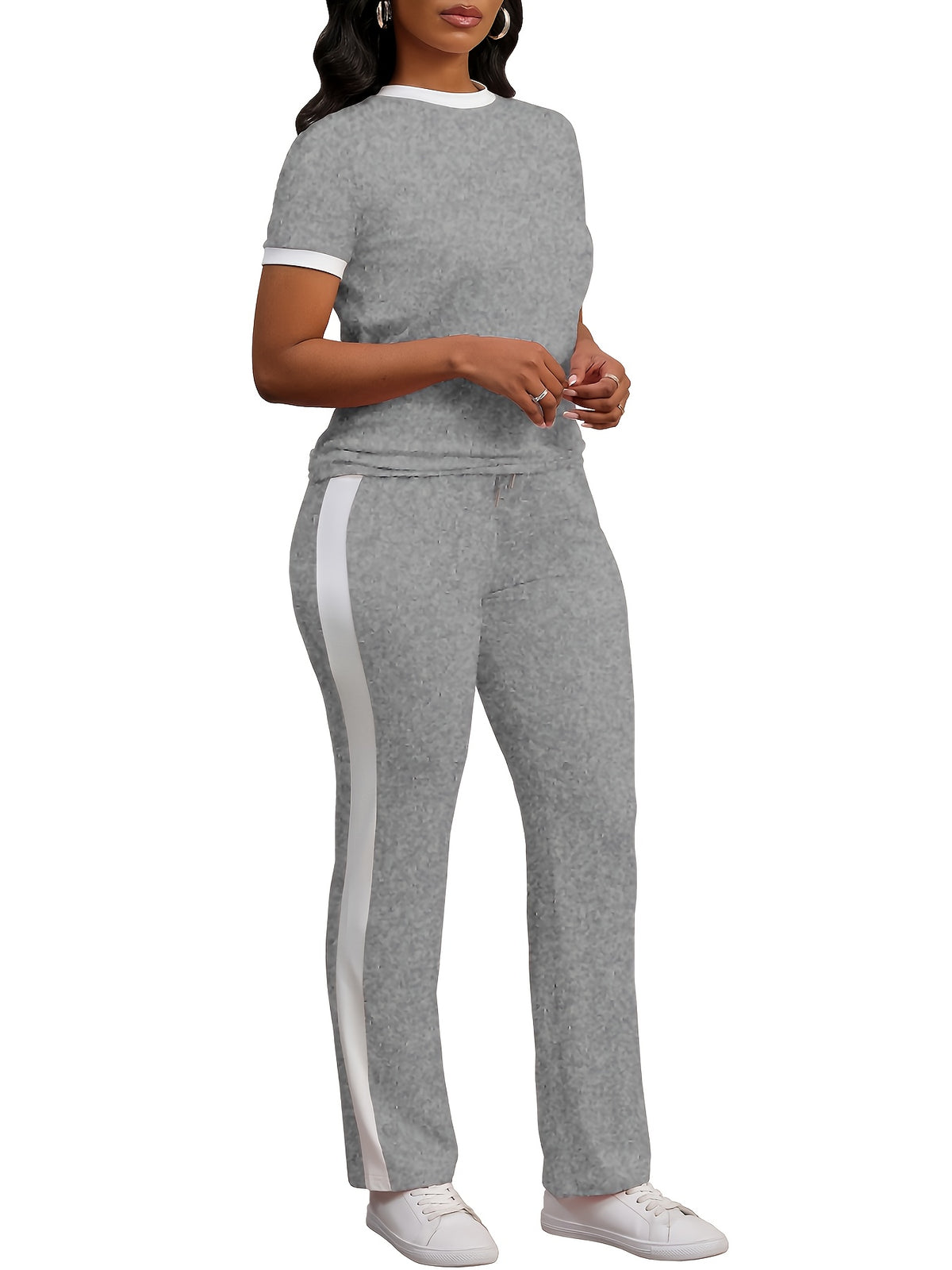Women Colorblock 2 Piece Tracksuit Set Short Sleeve Crew Neck Top Striped Sweatpants Casual Lounge Jogger Matching Outfit for Workout Everyday Wear