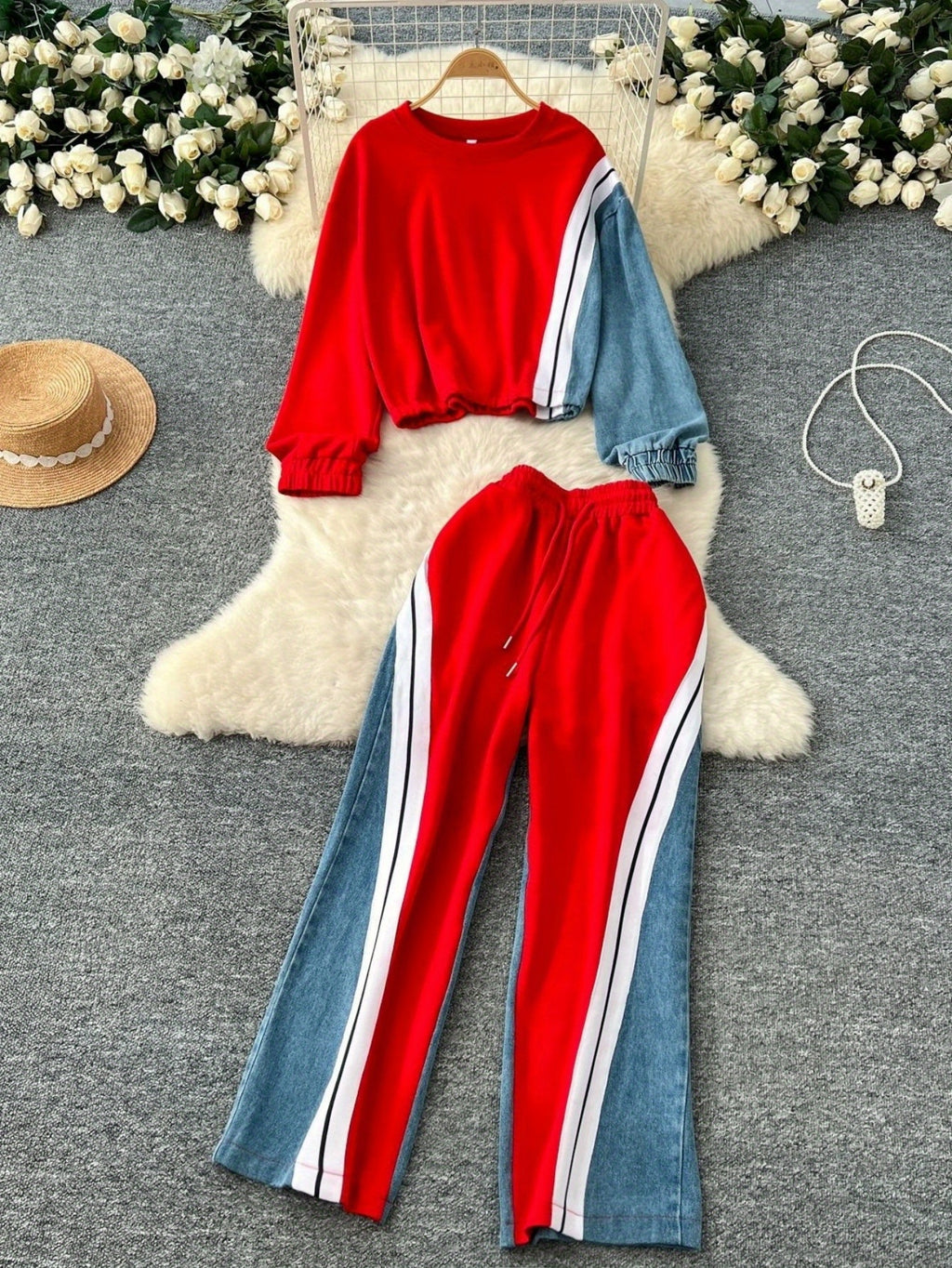 2pcs Tracksuit Set Women Color Block Contrast Stripe Cropped Top Wide-Leg Pants Casual Urban Streetwear Jogger Outfit