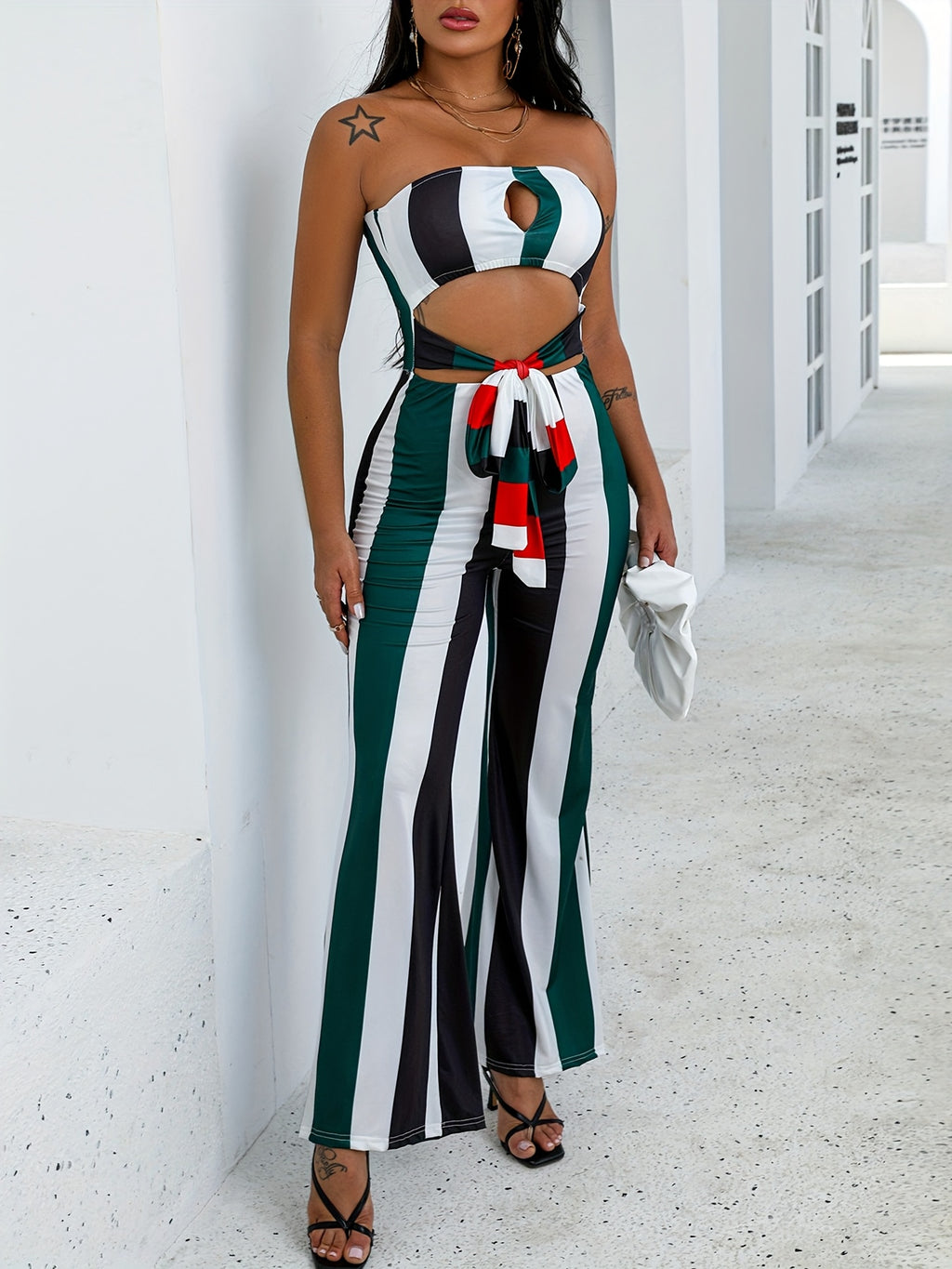 Striped Colorblock Cutout Bandeau Jumpsuit Women Sleeveless Harem Long Beach Summer One Piece with Belt S-XXL