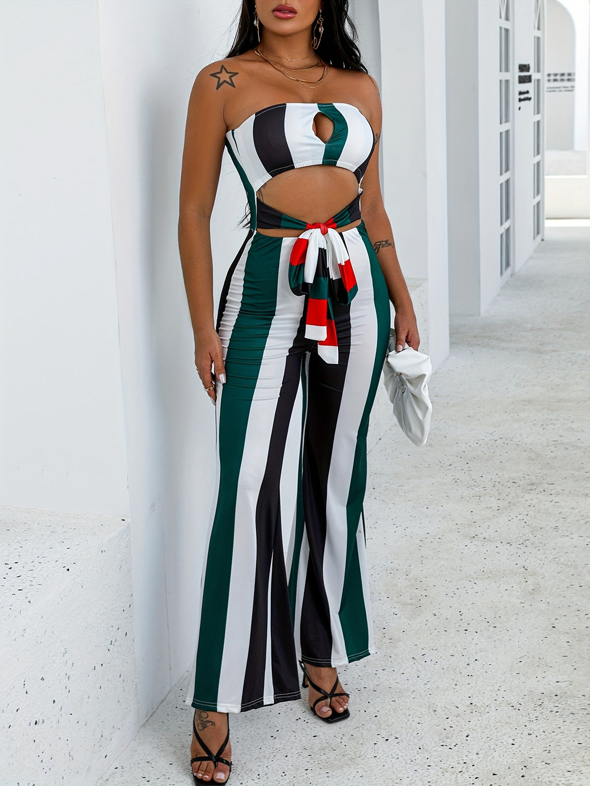 Striped Colorblock Cutout Bandeau Jumpsuit Women Sleeveless Harem Long Beach Summer One Piece with Belt S-XXL