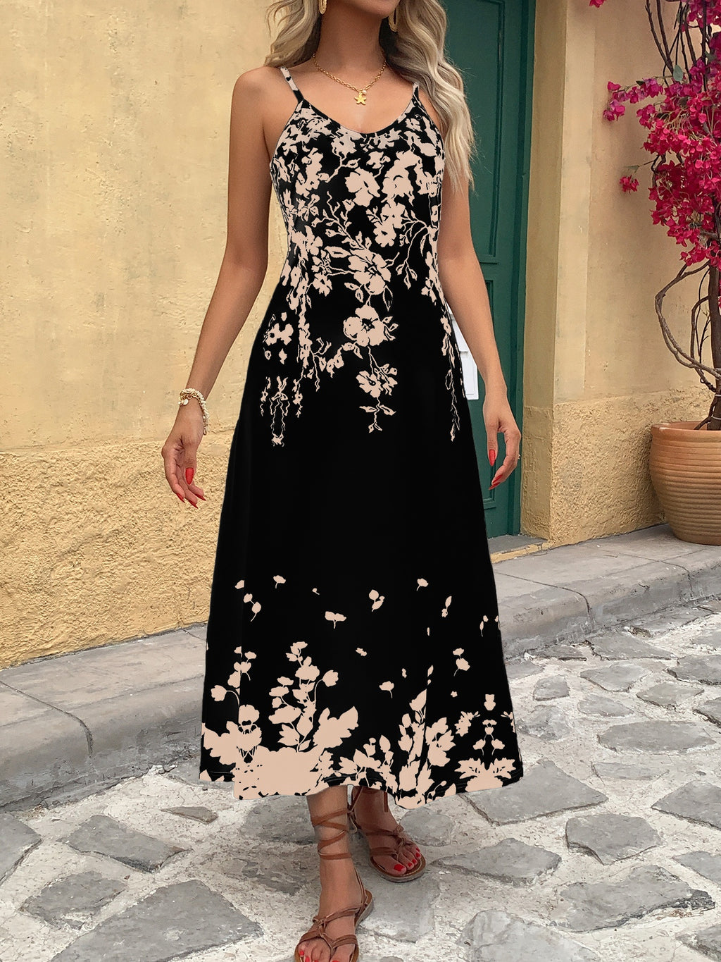 Floral Tropical Print Maxi Dress Women V Neck Spaghetti Strap Summer Vacation Beach Holiday Long Dress Elegant S-XXL