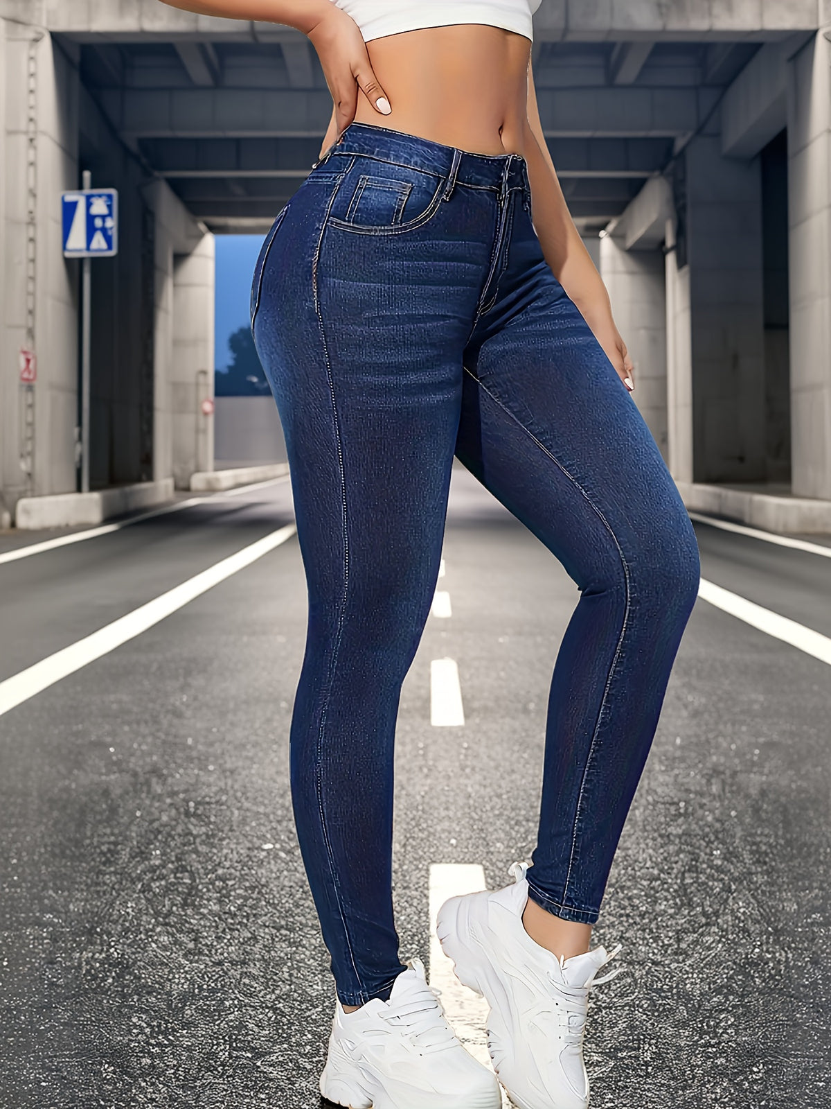 Women's Blue Skinny Jeans Washed Tapered Slim Fit High Stretch Casual Denim S-XXL