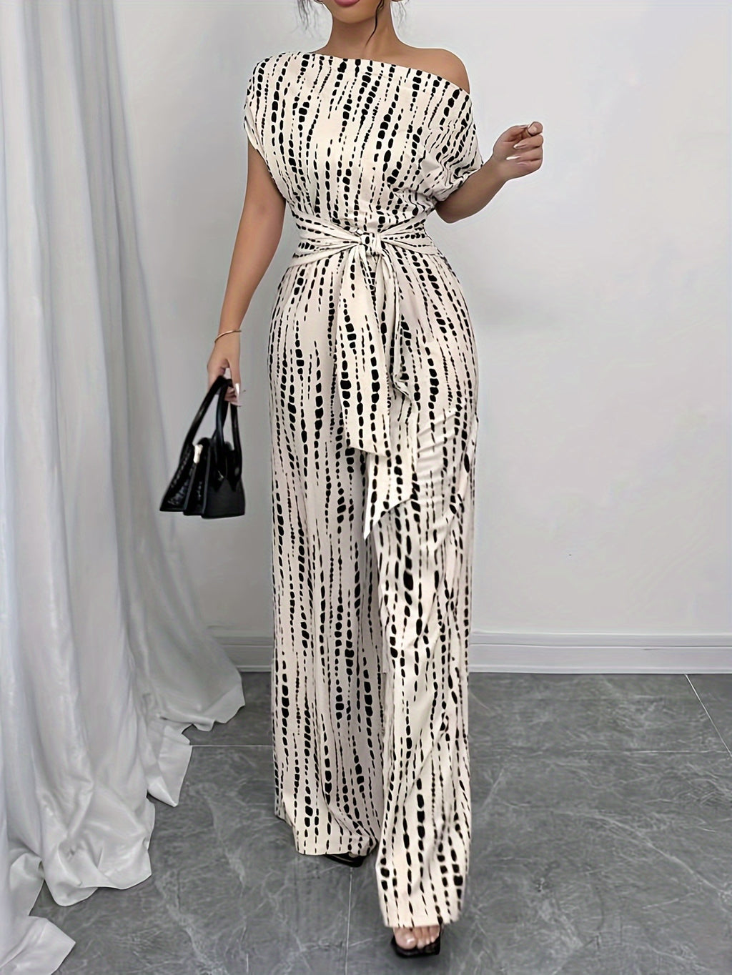 Off Shoulder Flared Jumpsuit Women High Waist Tie Print Lace Up Elegant Wide Leg Pants Apricot S-XXL
