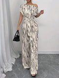 Off Shoulder Flared Jumpsuit Women High Waist Tie Print Lace Up Elegant Wide Leg Pants Apricot S-XXL