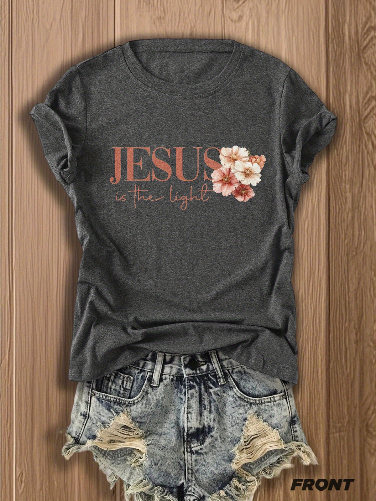 Jesus Floral Cross Double-Sided Print T-Shirt for Women - Faith Inspired Crew Neck Casual Christian Tee Summer Trendy Graphic Top