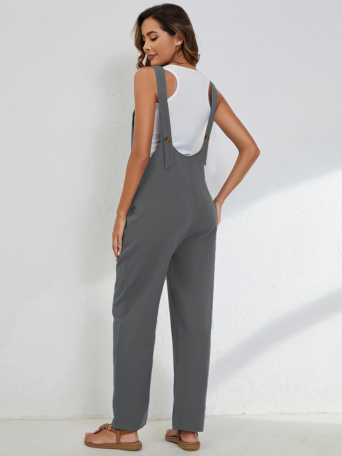 Linen Jumpsuit Women Wide Leg Casual Loose Overalls with Pockets Sleeveless Adjustable Strap Summer Palazzo Pants Romper Beige Black XS-XXL