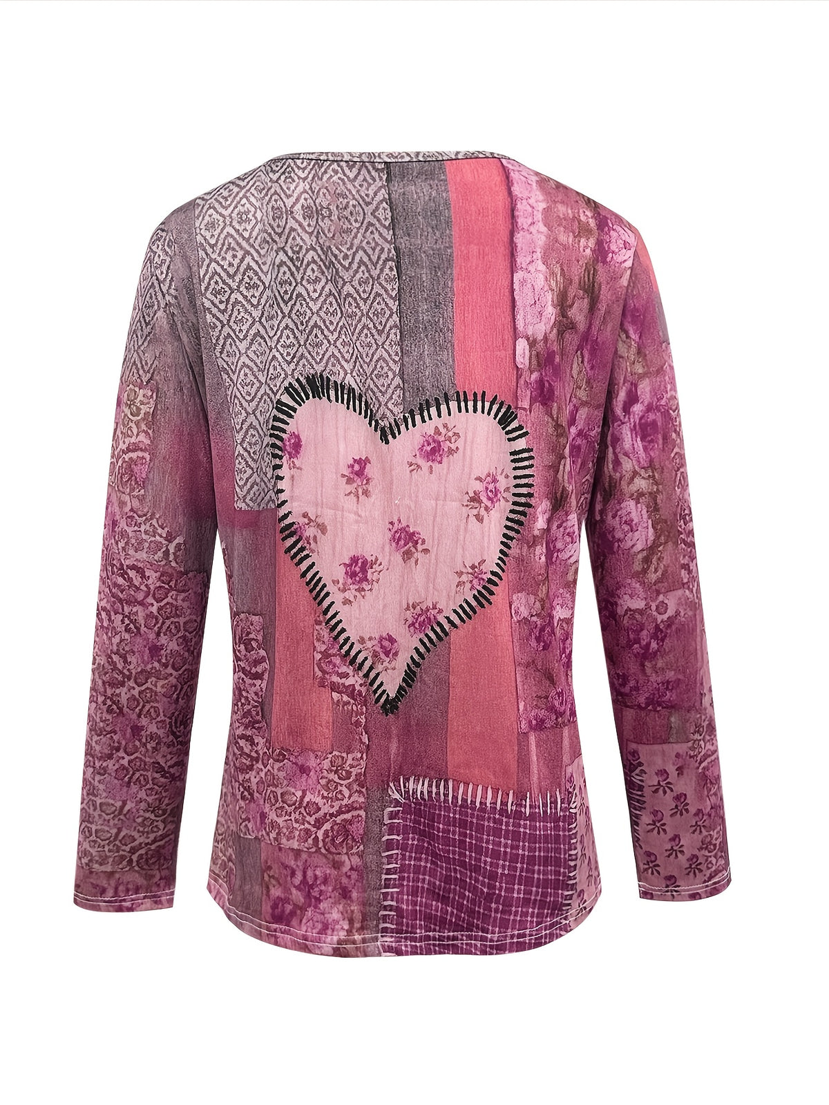 Heart Floral Patchwork Long Sleeve T-Shirt Women Vintage Retro V-Neck Loose Fit Casual Outdoor Fall Winter Top Soft Stretch Red S-XXL