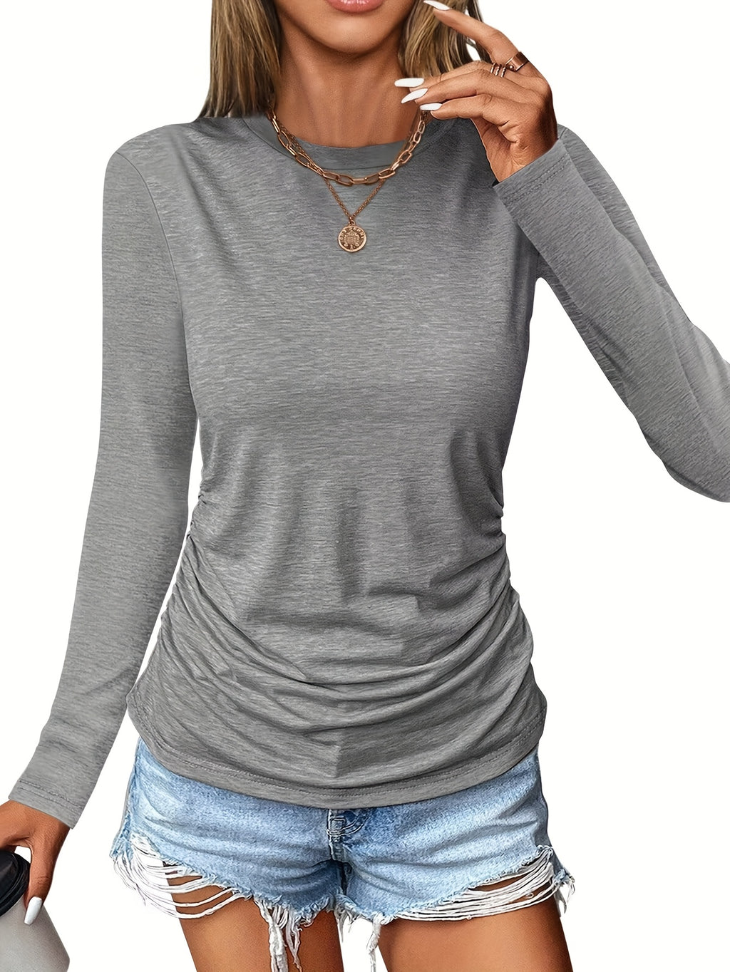 3pcs Set Women Pleated Round Neck Long Sleeve Form-Fitting Knit Outfit | Elegant Solid Color Fall Winter Fashion