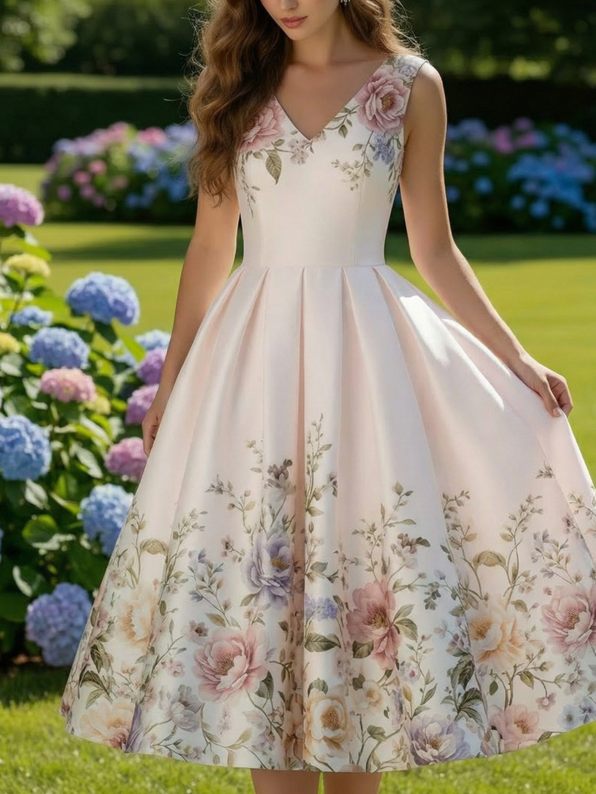 Printed Sleeveless V-Neck Dress Women Waist-Cinching Flared Skirt Elegant Spring Summer Casual Dress for Garden Party Date