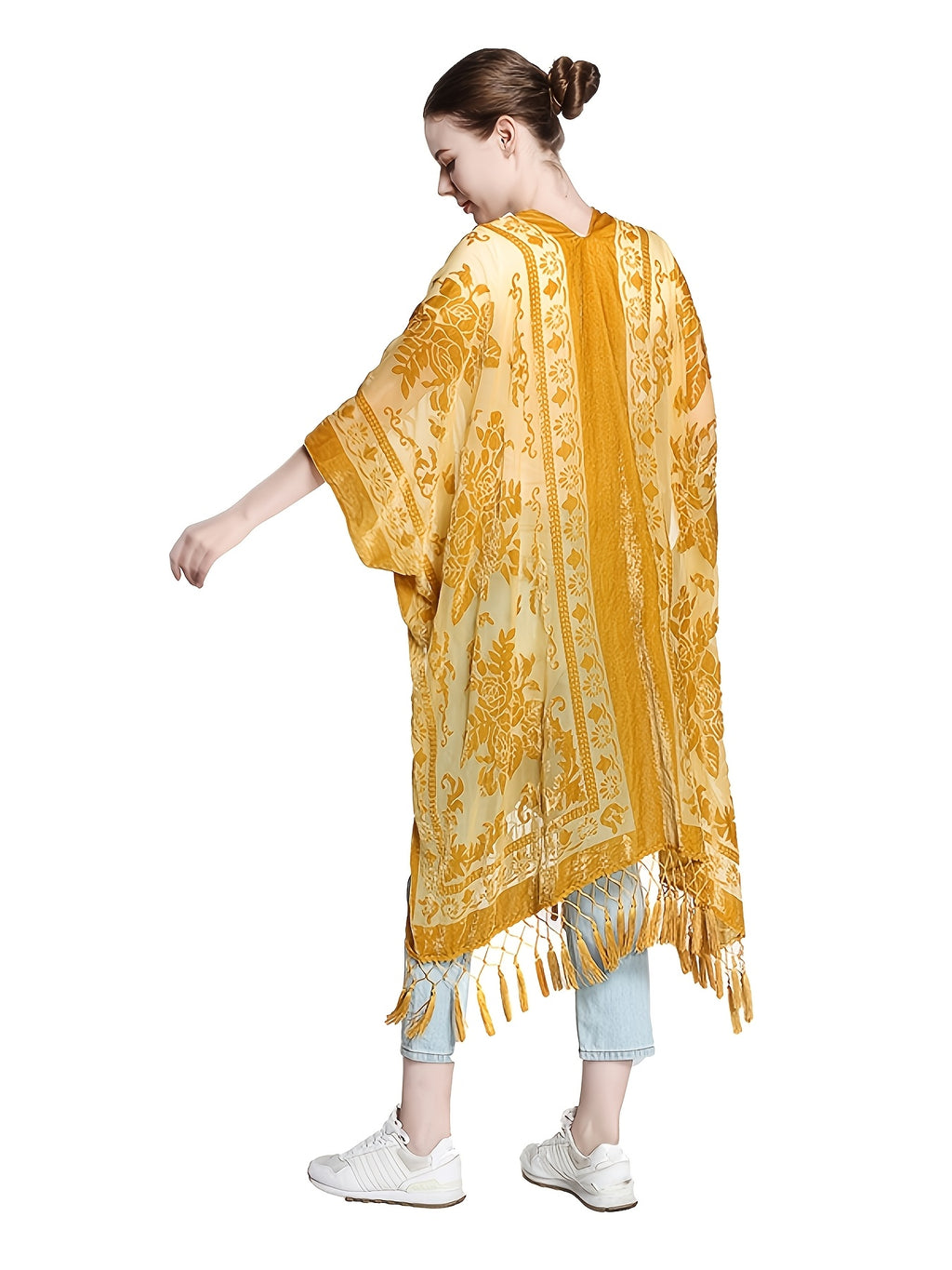 Boho Burnout Velvet Kimono Women Long Cardigan Cover Up Tassel Floral Embroidered One Size