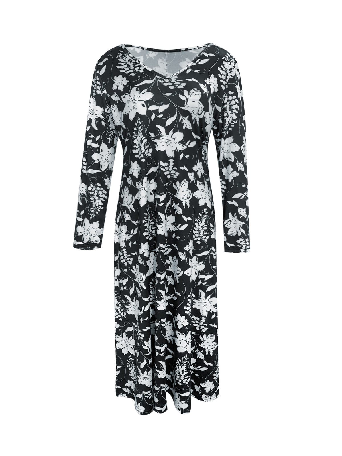 Ditsy Floral V-Neck Long Dress for Women - Thin Elegant Lightweight Spring Summer Fall Holiday Dress, 95% Polyester Stretch Flowy Maxi S-XXL