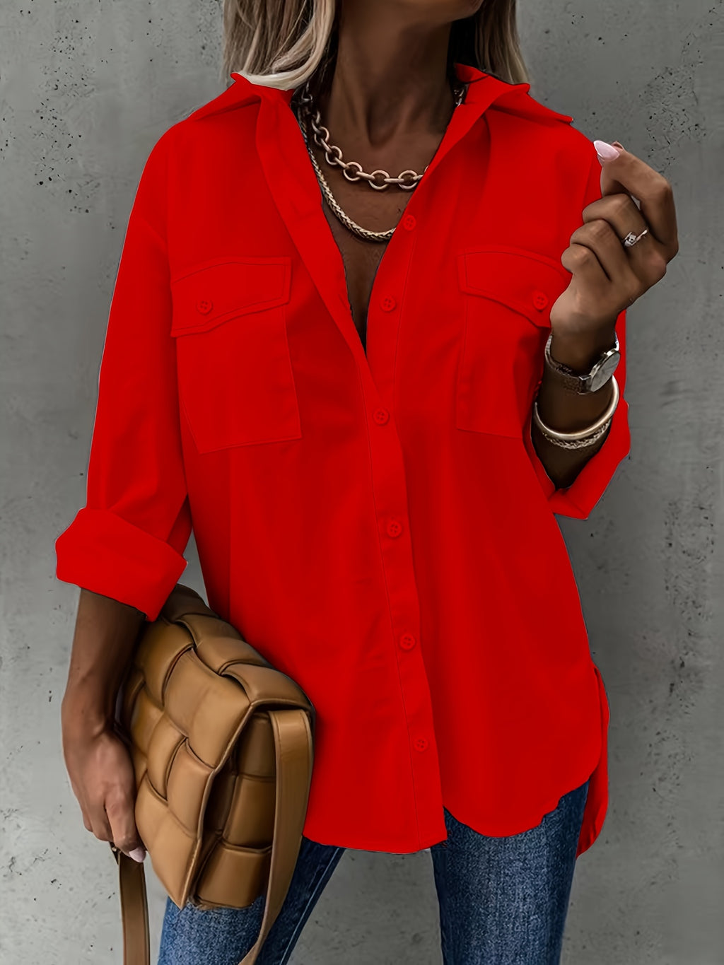 Long Sleeve Button-Up Shirt Women Chest Pocket Foldover Collar Solid Color Relaxed Fit Non-Stretch All Season Casual Blouse