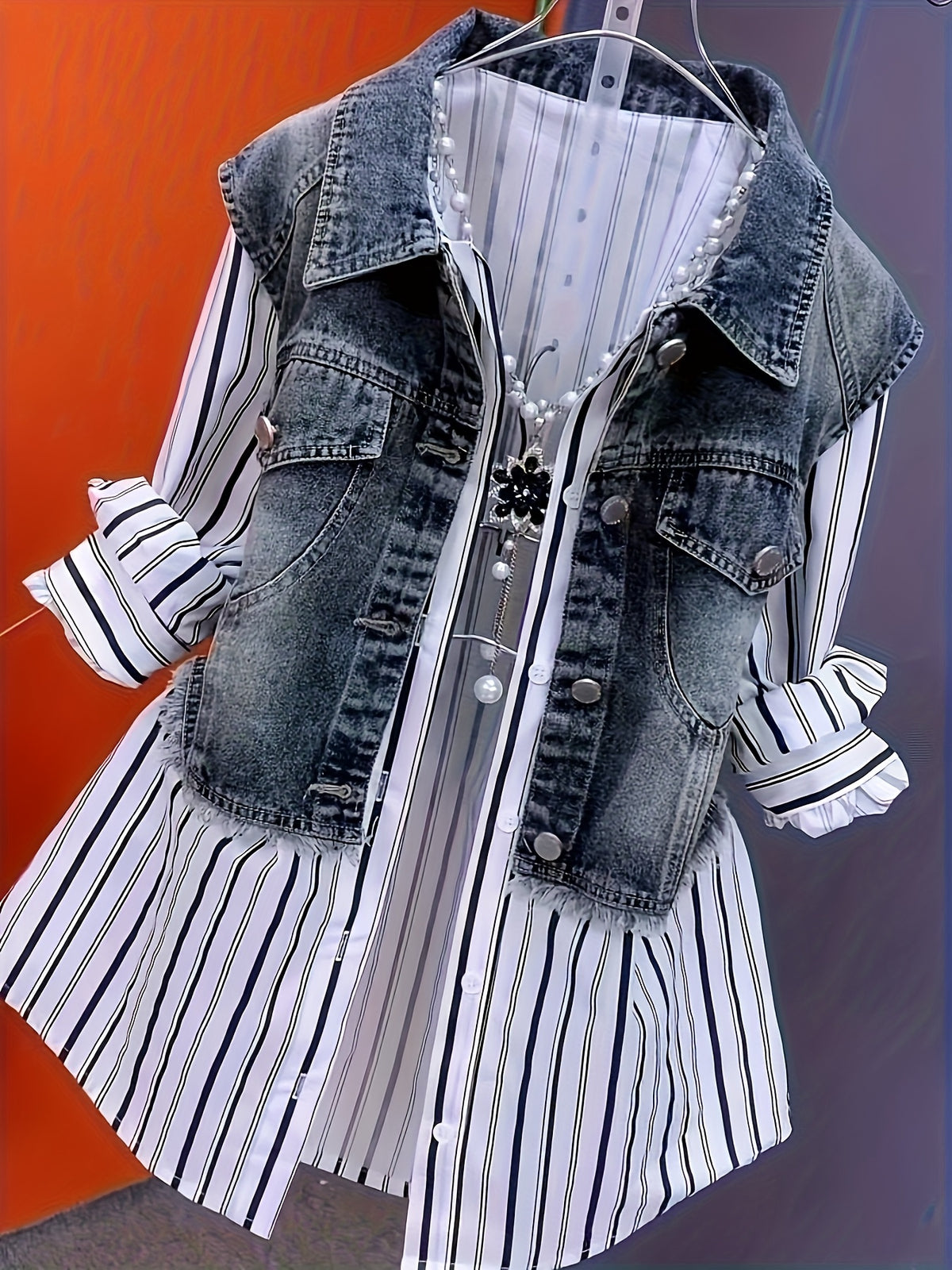 Letter Print Splicing Denim Shirt Jacket Women Lapel Button Korean Casual Jean Coat Windbreaker Spring Autumn Polyester Woven Top