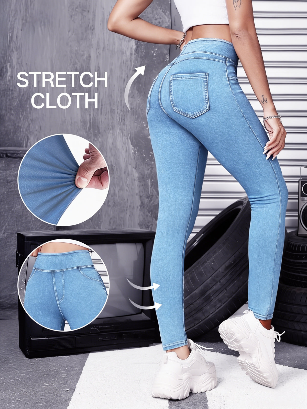 High Waist Tummy Control Jeggings Women Pull On Stretch Skinny Jean Leggings Denim Pants Black Navy Sky Blue S-XL