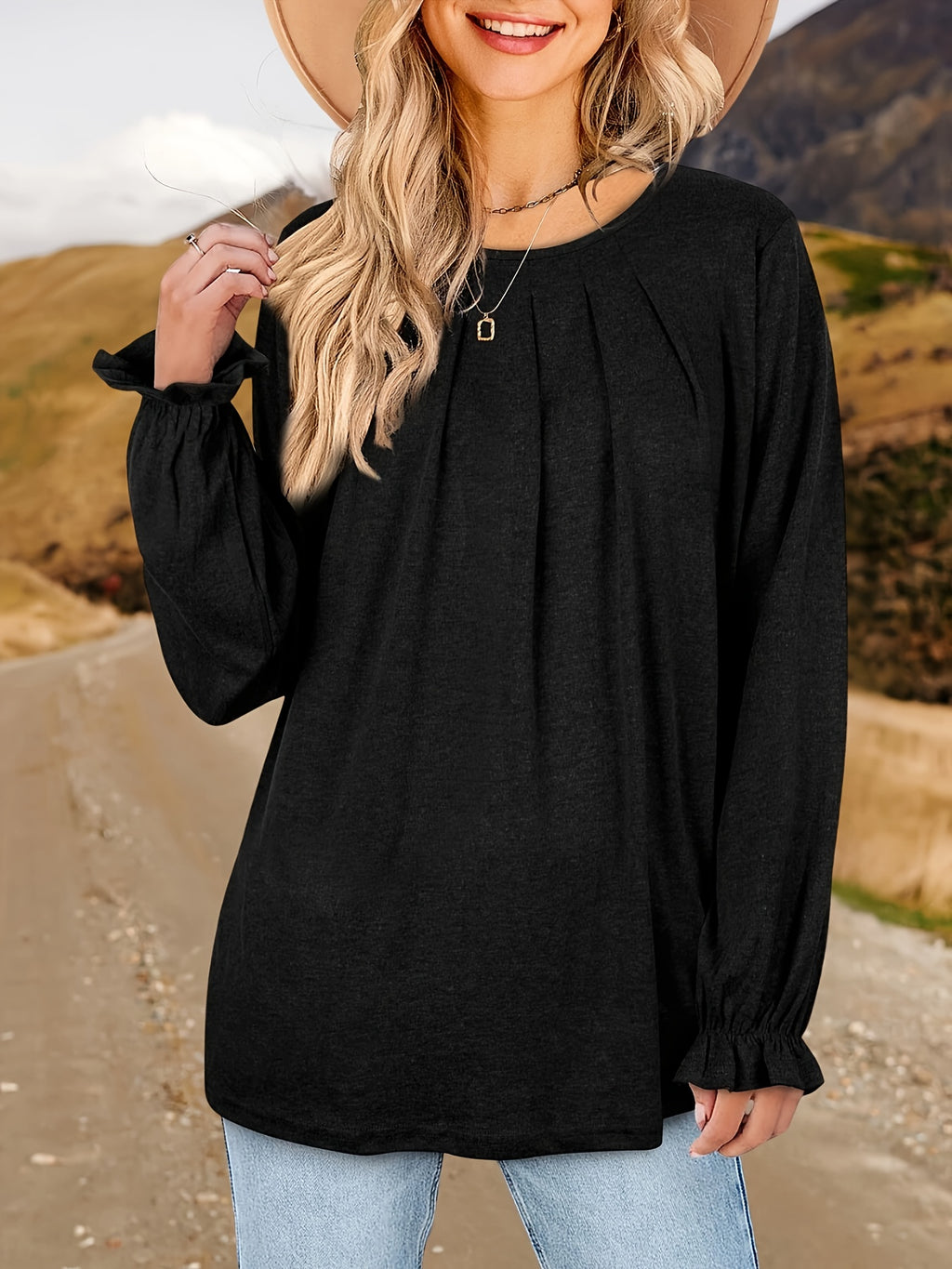 Pleated Ruffle Blouse Women's Long Sleeve Loose Fitting Tunic Top Crew Neck Solid Color Shirt S-XXL | Mira Roam