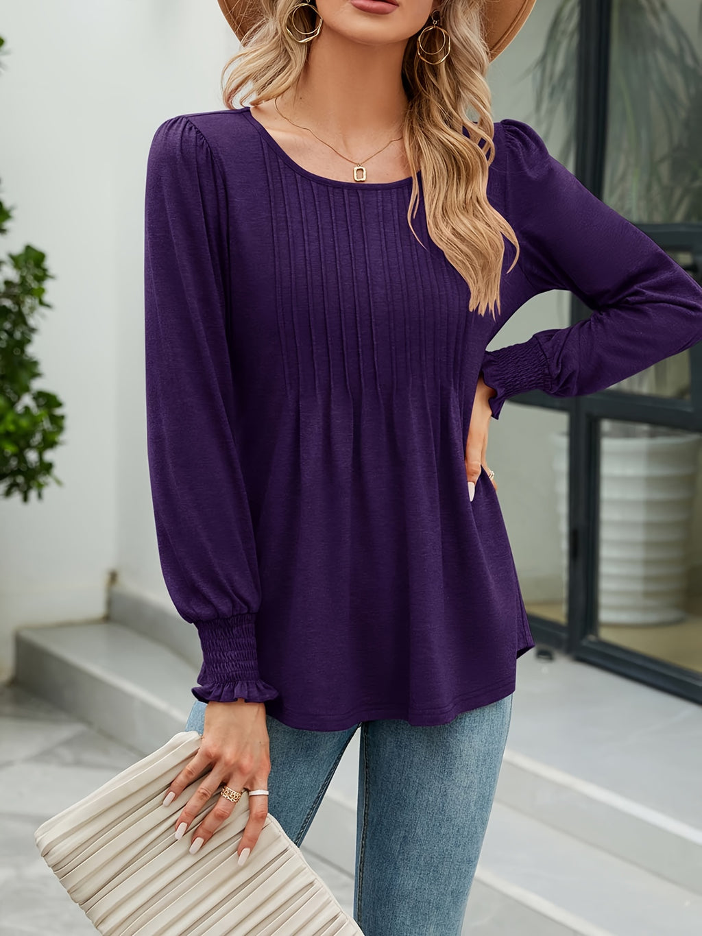 Puff Long Sleeve Tunic Top Women Pleated Crew Neck Loose Blouse Casual Elegant Fall Shirt Soft Flowy Top White Purple Green S-XXL