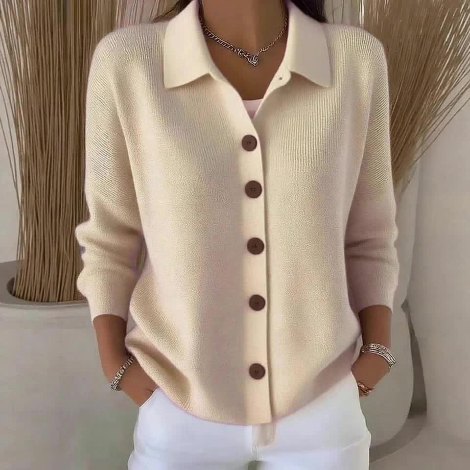 Button Lapel Knit Cardigan for Women – Solid Color Casual Knitwear Sweater, Elegant Layering Cardigan for Autumn & Winter Everyday Wear