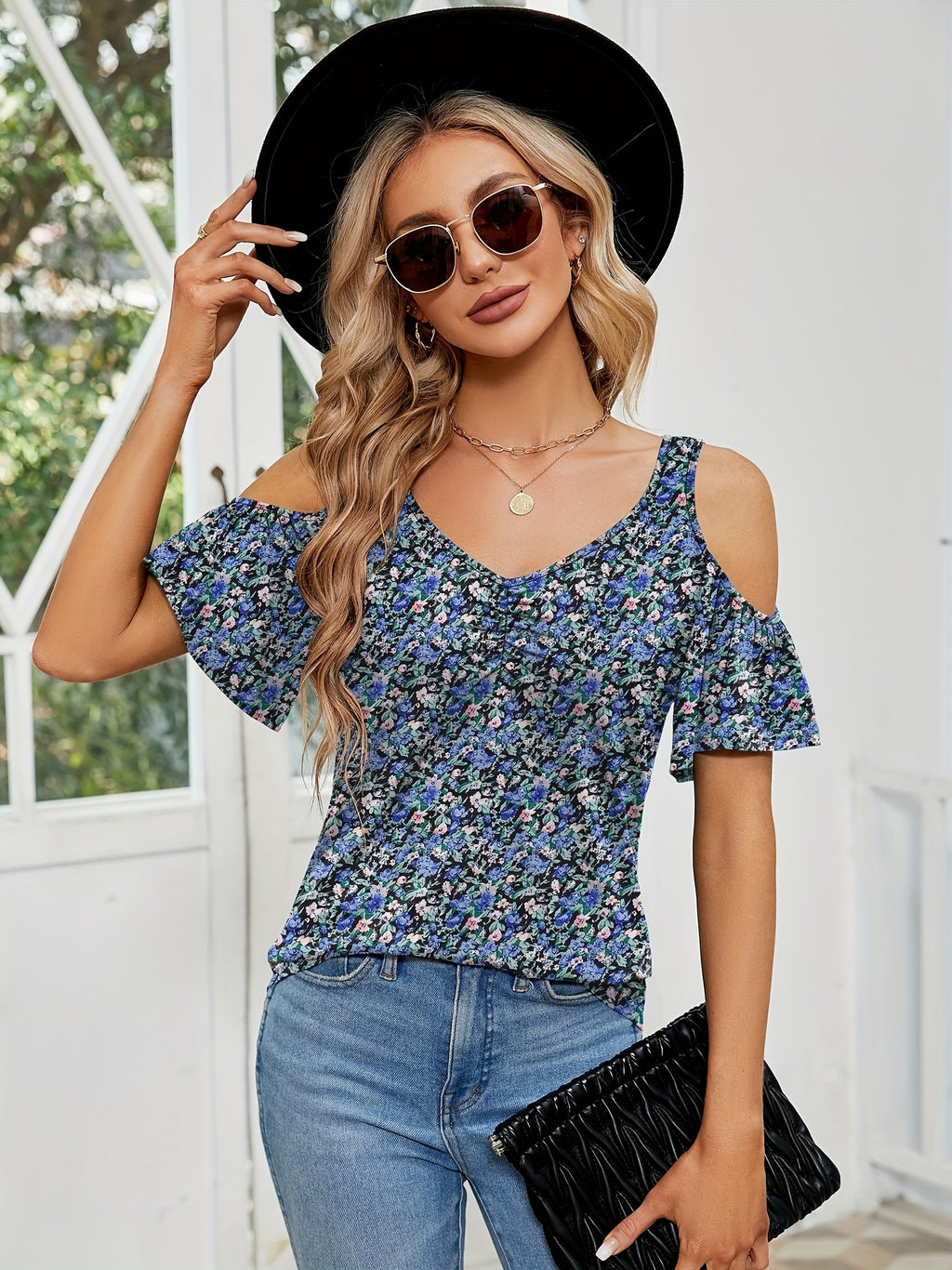Cold Shoulder Tops for Women Floral Ruched V-Neck Blouse Short Sleeve Summer Tunic Shirt Casual Cute