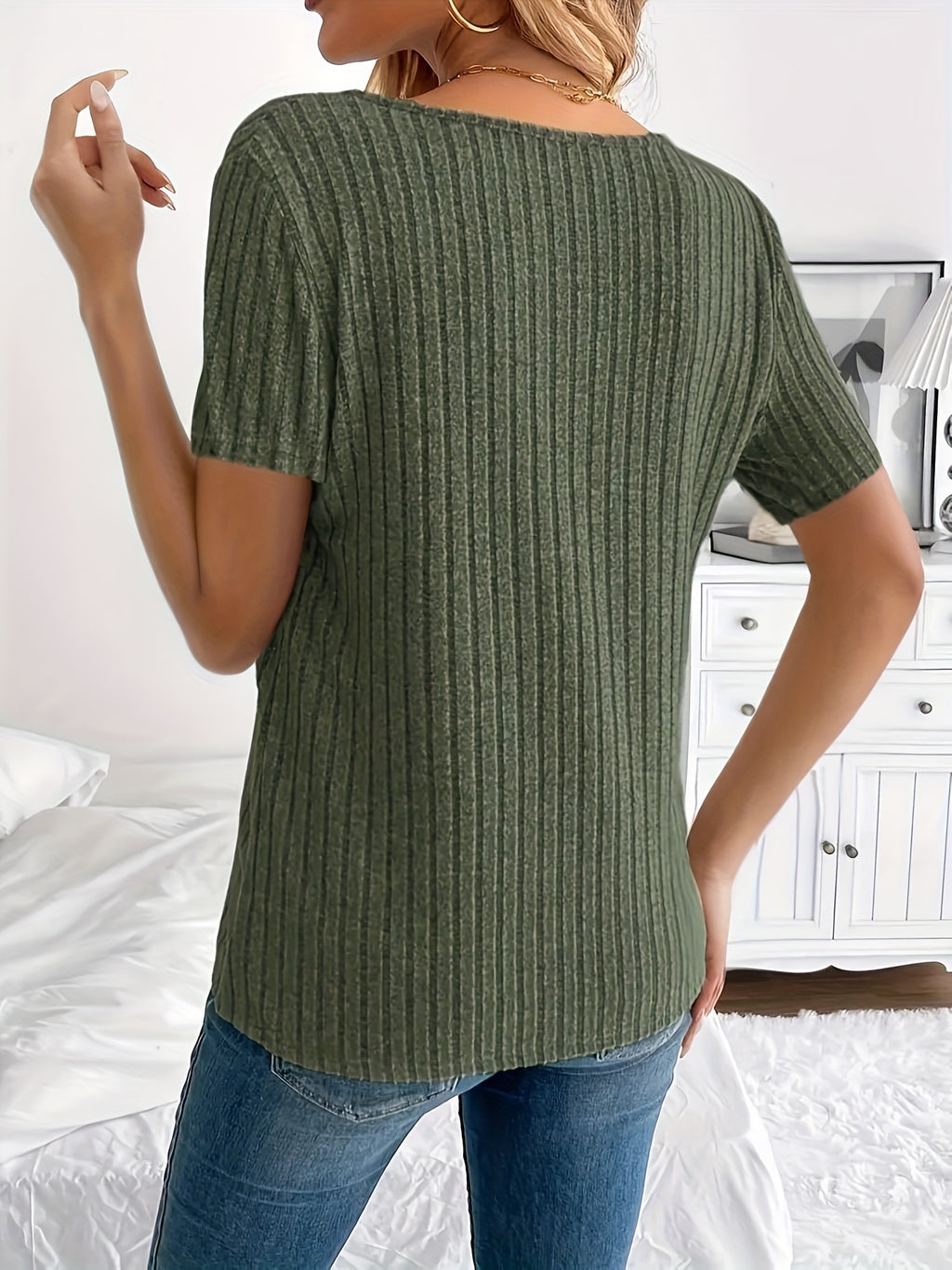 V-Neck Button Detail Ribbed Top Women Loose Short Sleeve Stretch Polyester Casual Elegant Solid Color Spring Summer Fall Top S-XXL