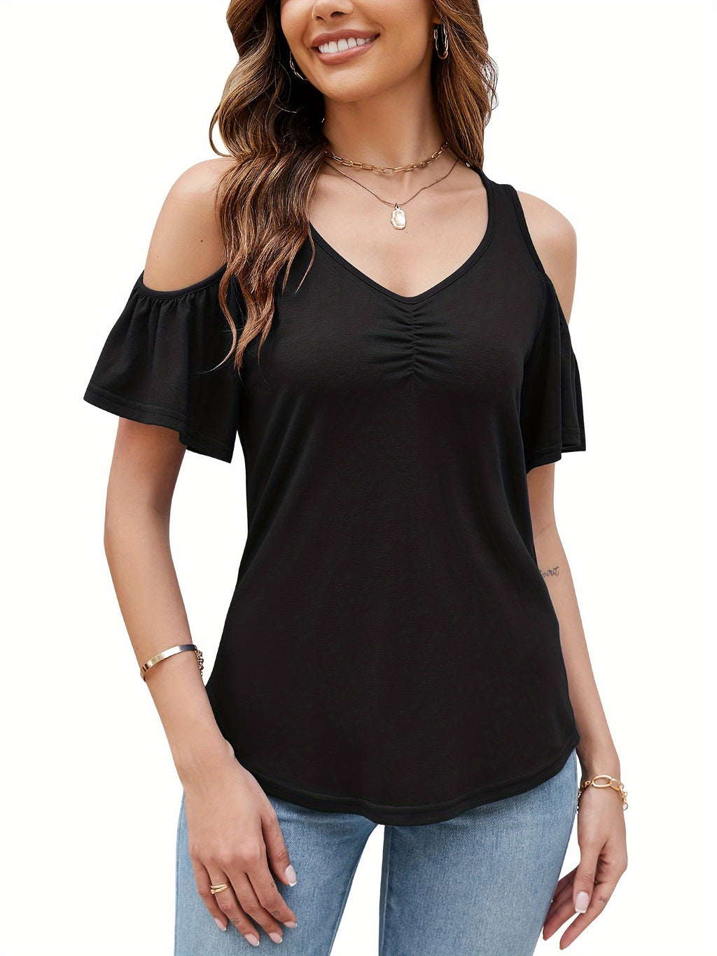 Cold Shoulder Tops for Women Floral Ruched V-Neck Blouse Short Sleeve Summer Tunic Shirt Casual Cute