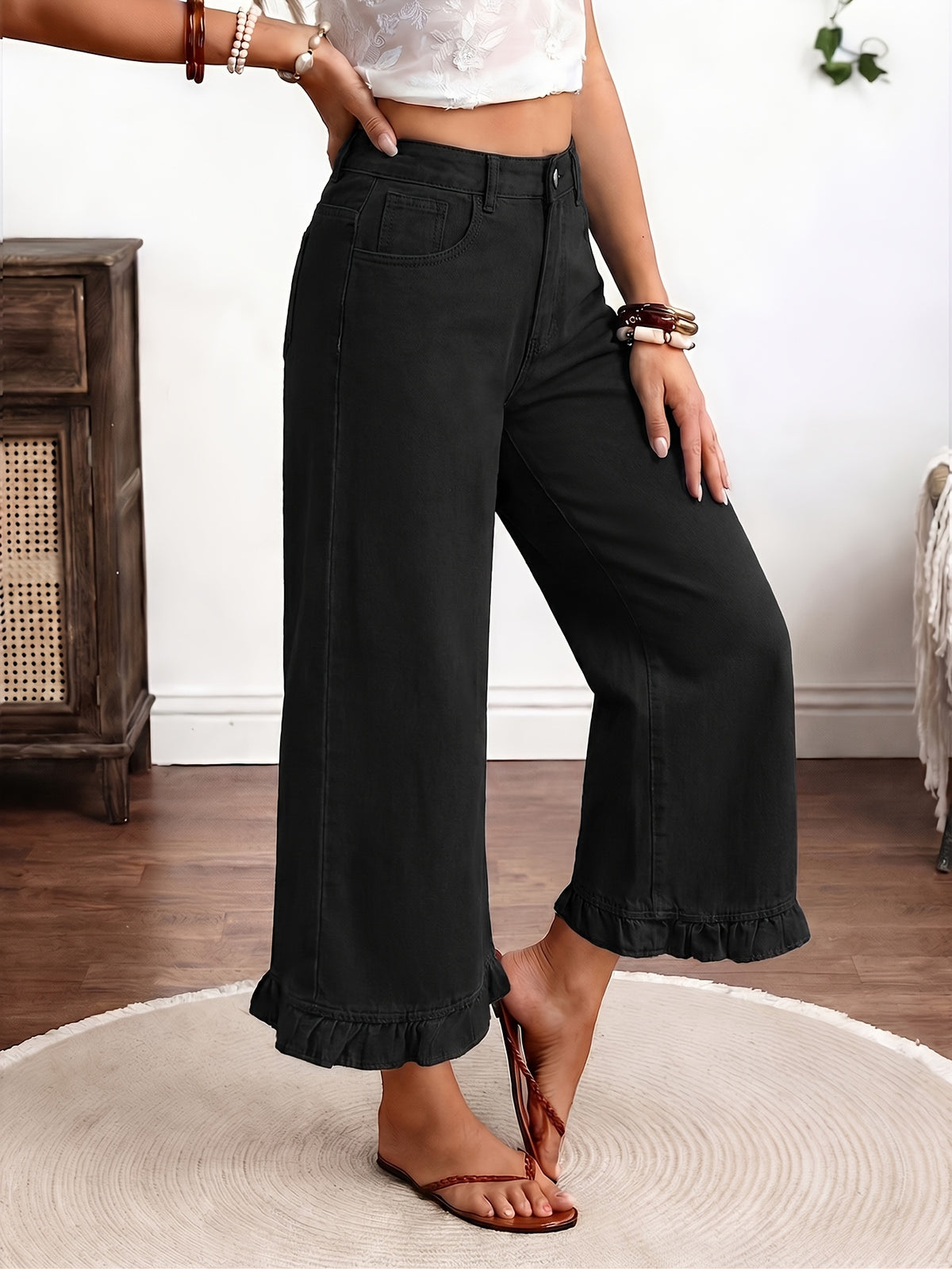 High-Waisted Capri Denim Jeans for Women - Elastic Waistband Ruffled Hem Straight-Leg Pants, Loose Comfortable Fit with Pockets for Casual Spring & Summer Wear