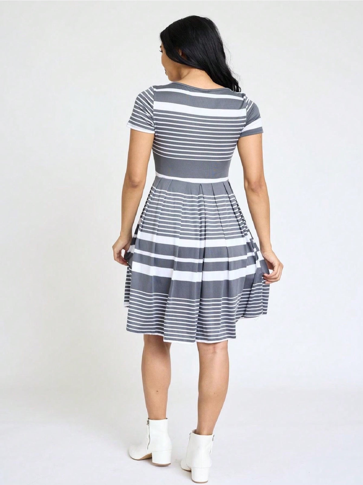 Paisley Floral Swing Dress Women Chevron Stripe Patchwork Pleated Square Neck Elastic Waist Midi Casual Plus Size S-3X