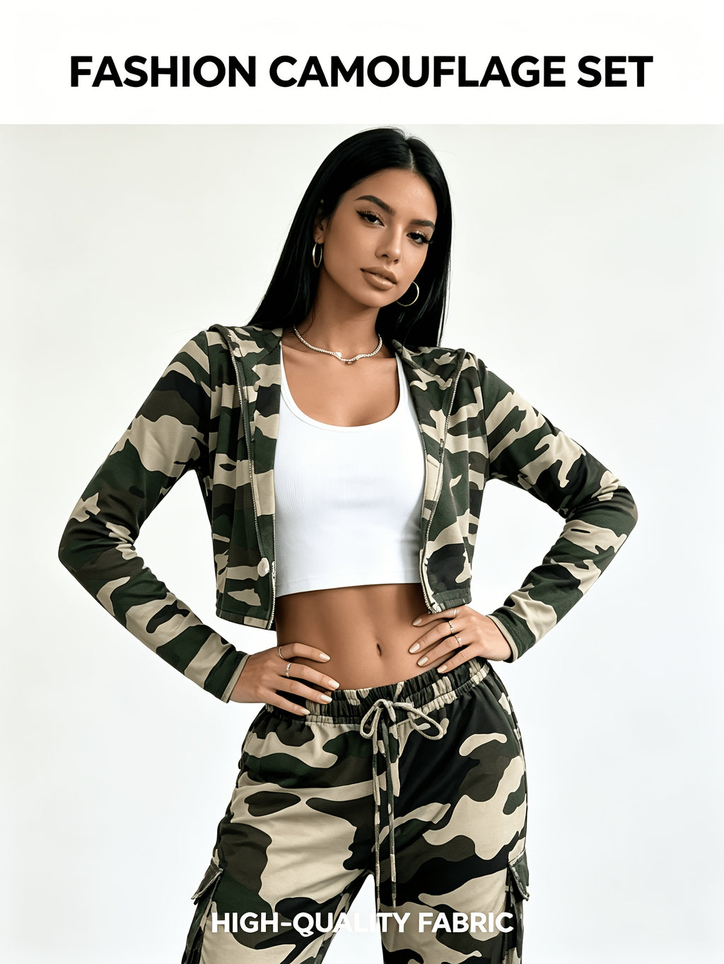 Women's 2 Piece Set Green Cardigan & Camouflage Cargo Pants Y2K Style V-Neck Button Blazer Belted Waist Streetwear Outfit