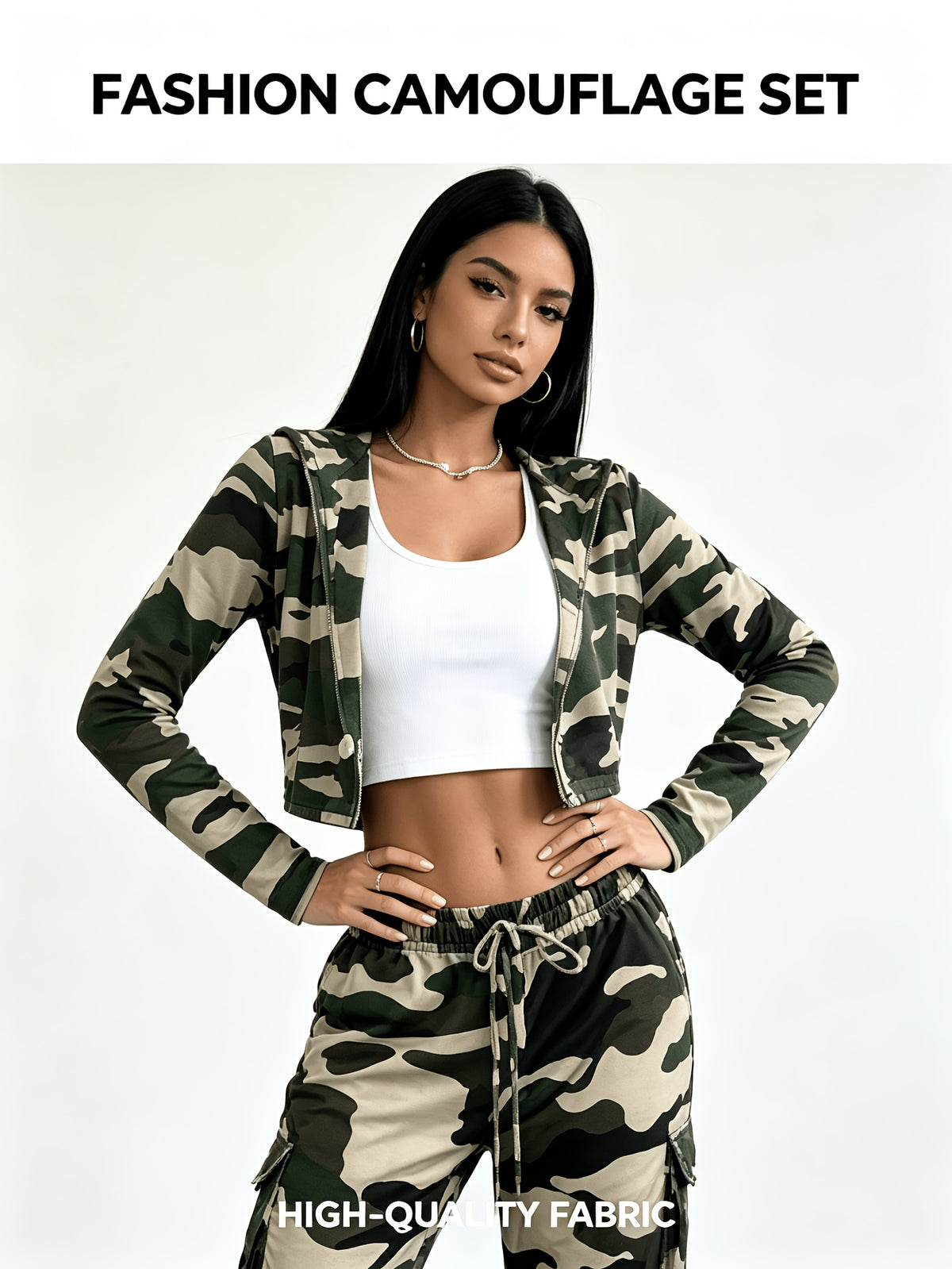 Women's 2 Piece Set Green Cardigan & Camouflage Cargo Pants Y2K Style V-Neck Button Blazer Belted Waist Streetwear Outfit