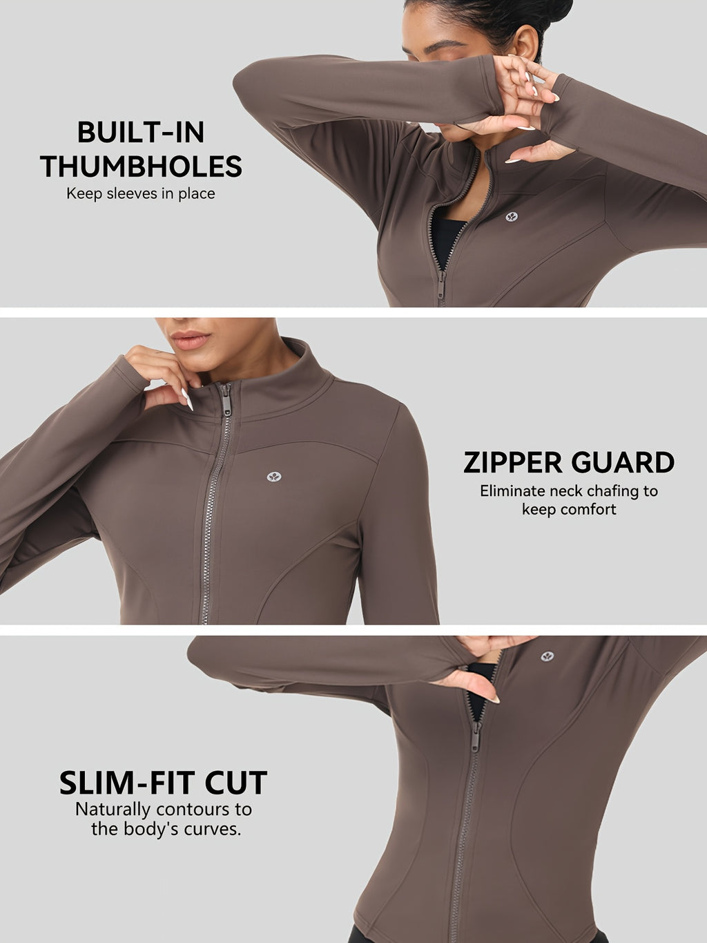 Women Zip Up Workout Jacket Thumb Holes Lightweight Moisture Wicking Slim Fit Sportswear Black Camel S-XL