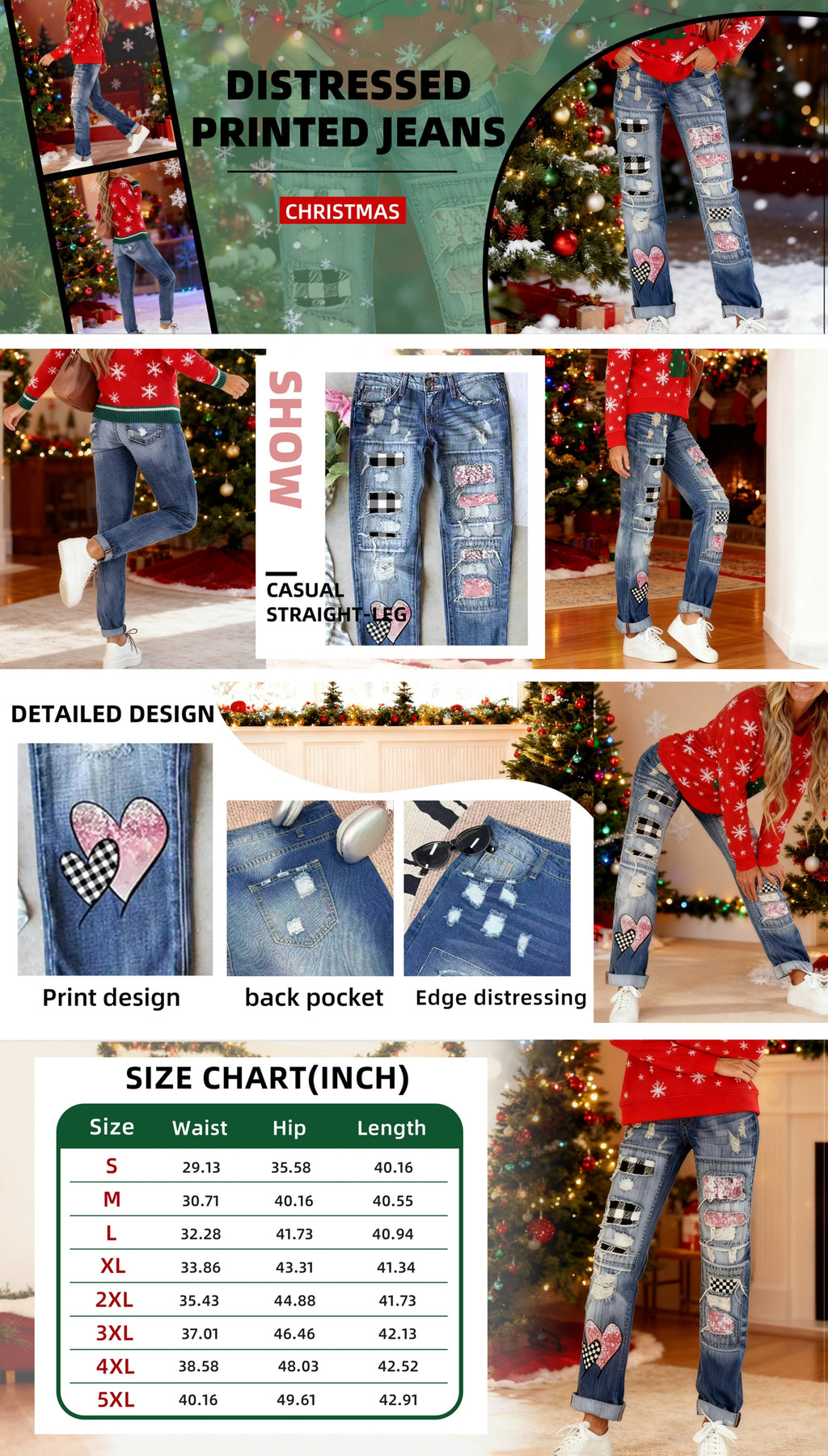 Women's Color Block Heart Print Jeans Black White Plaid & Pink Slim Fit Skinny Denim Pants Fashion Printed Jeans