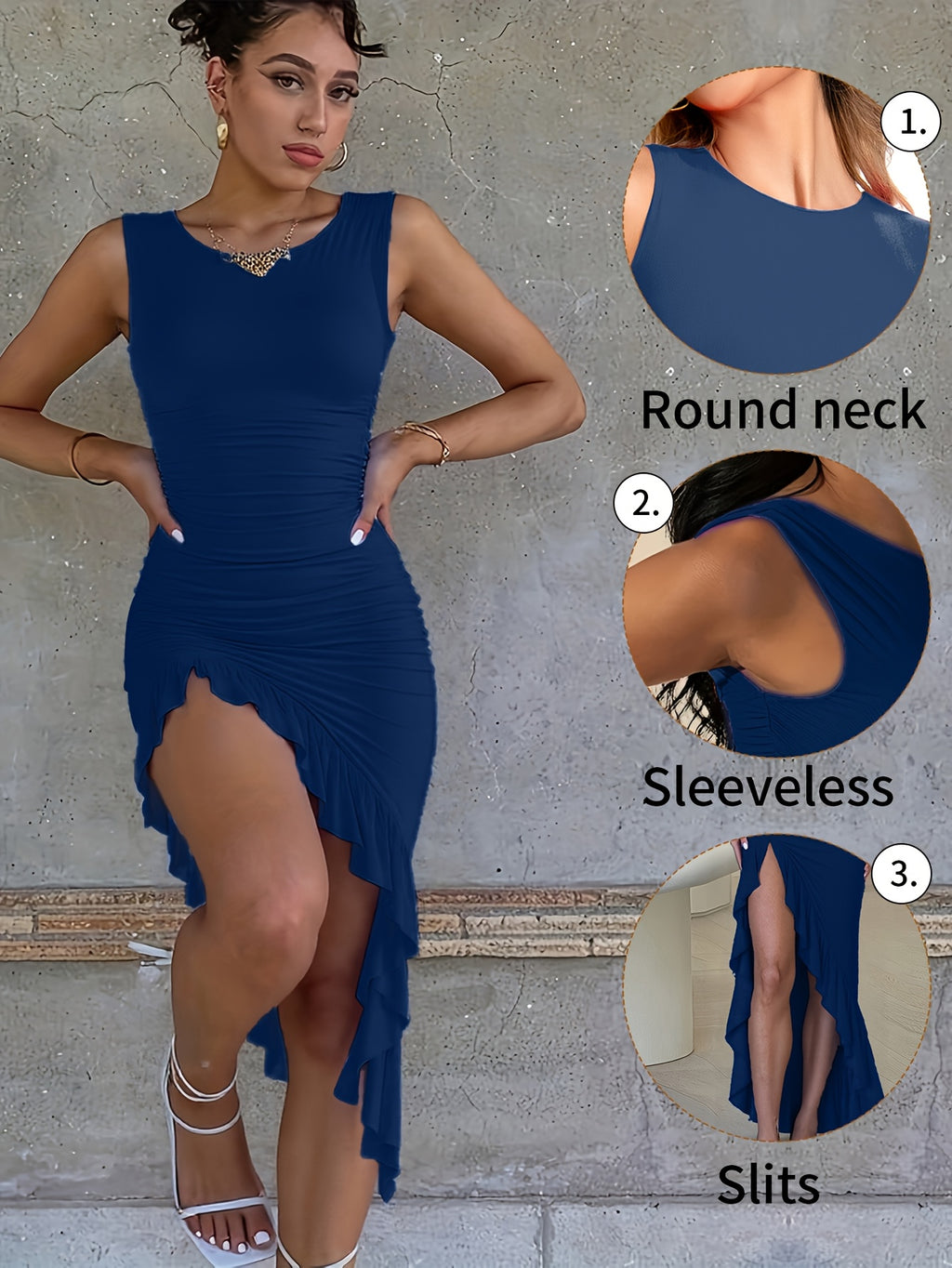 Women's Sleeveless A-Line Fishtail Dress Round Neck Side Pleated Lace Opening Casual Spring Summer Dress