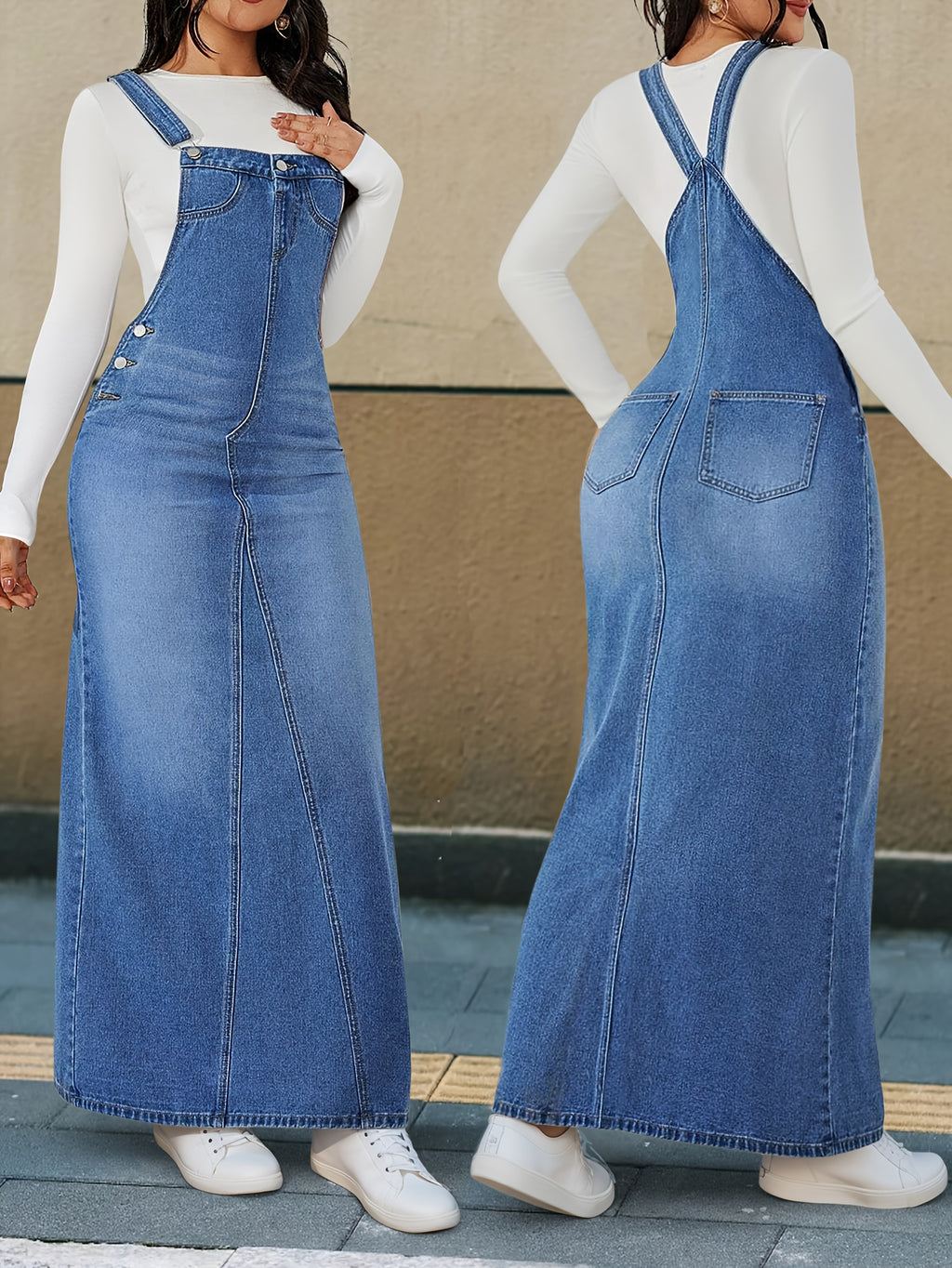 Women's Denim Maxi Dress Loose Fit Detachable Strap Button Closure Casual Chic Long Dress Spring Summer Fall